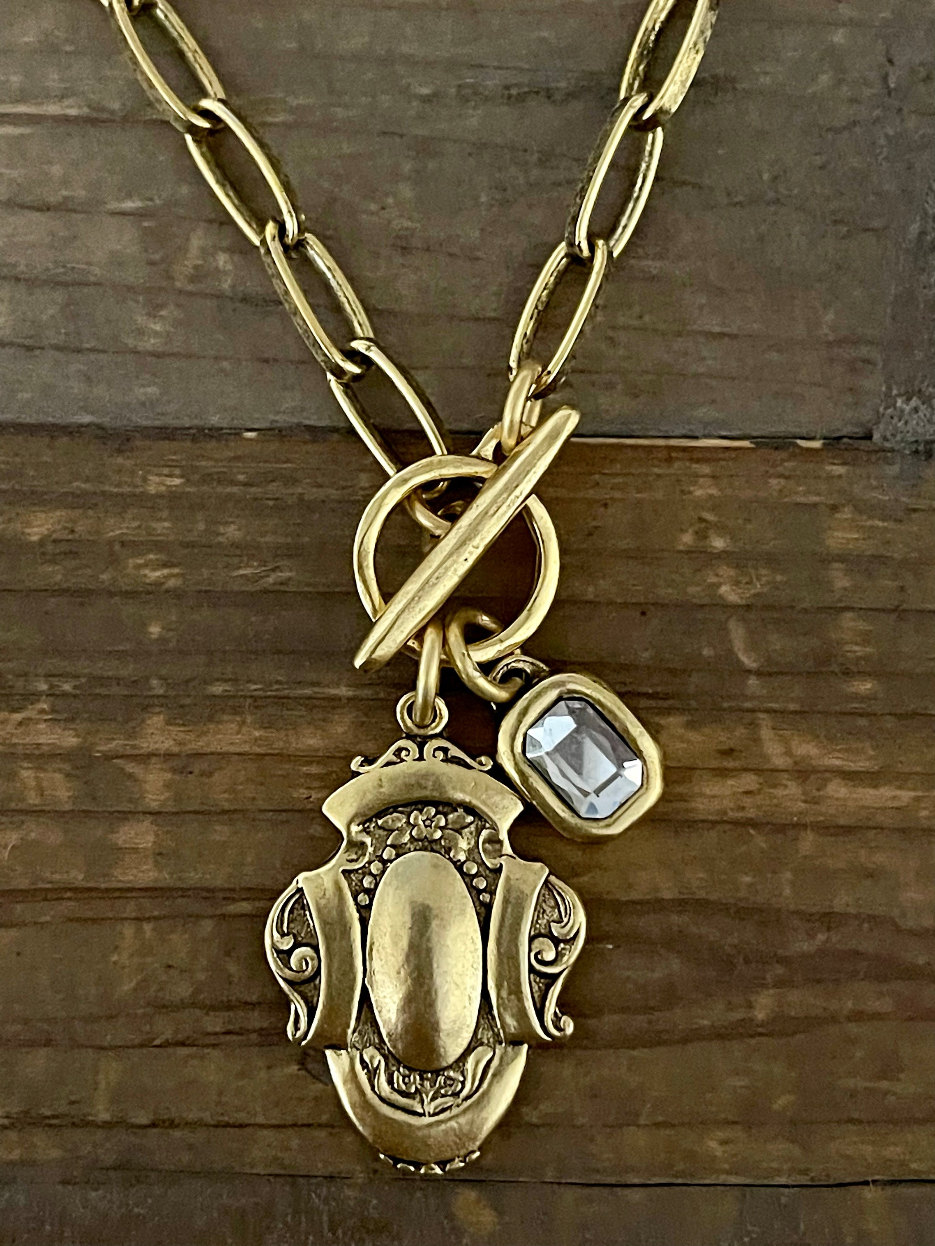 Gold Plated 18" Chain with Reproduction Watch Fob Pendant and Swarovski Crystal