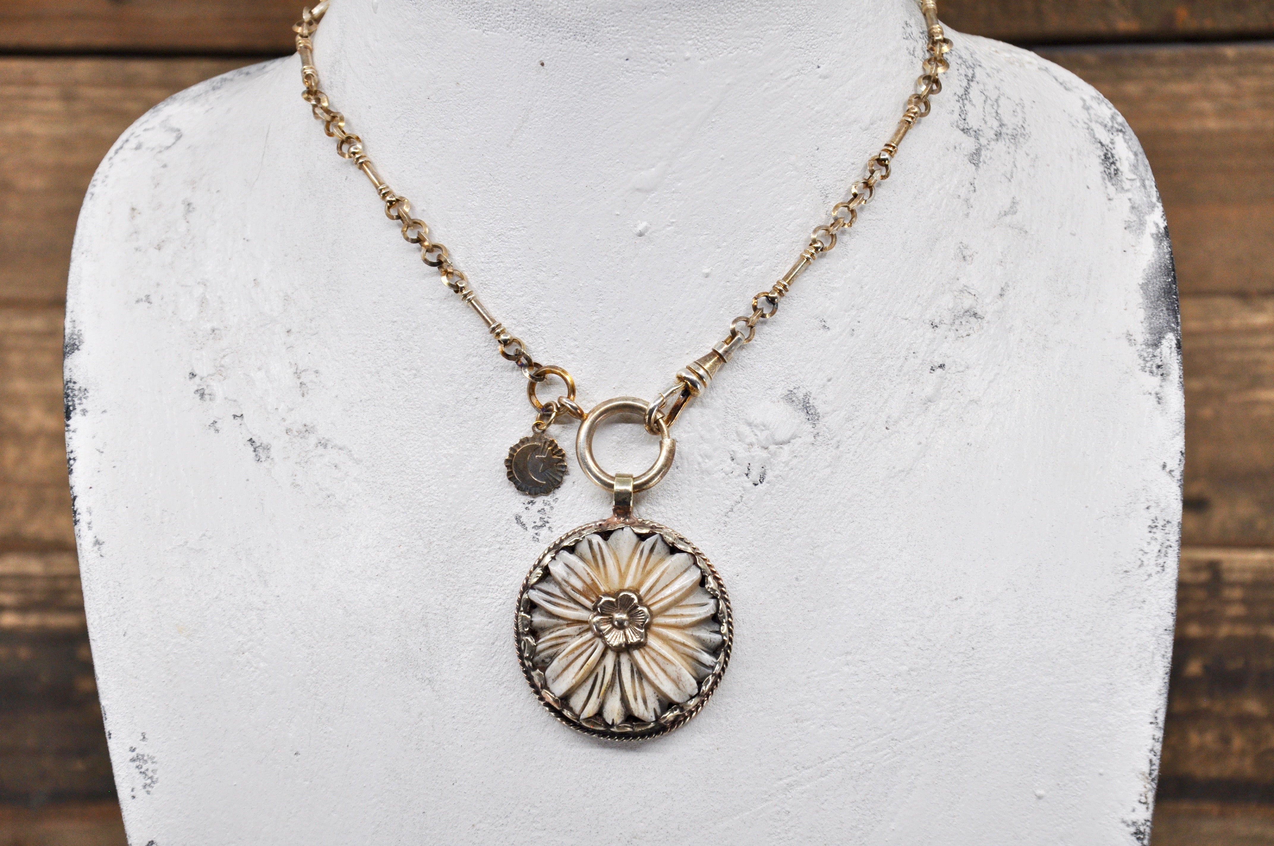 Vintage Sterling Plated Watch Chain with Tibetan Bone Flower