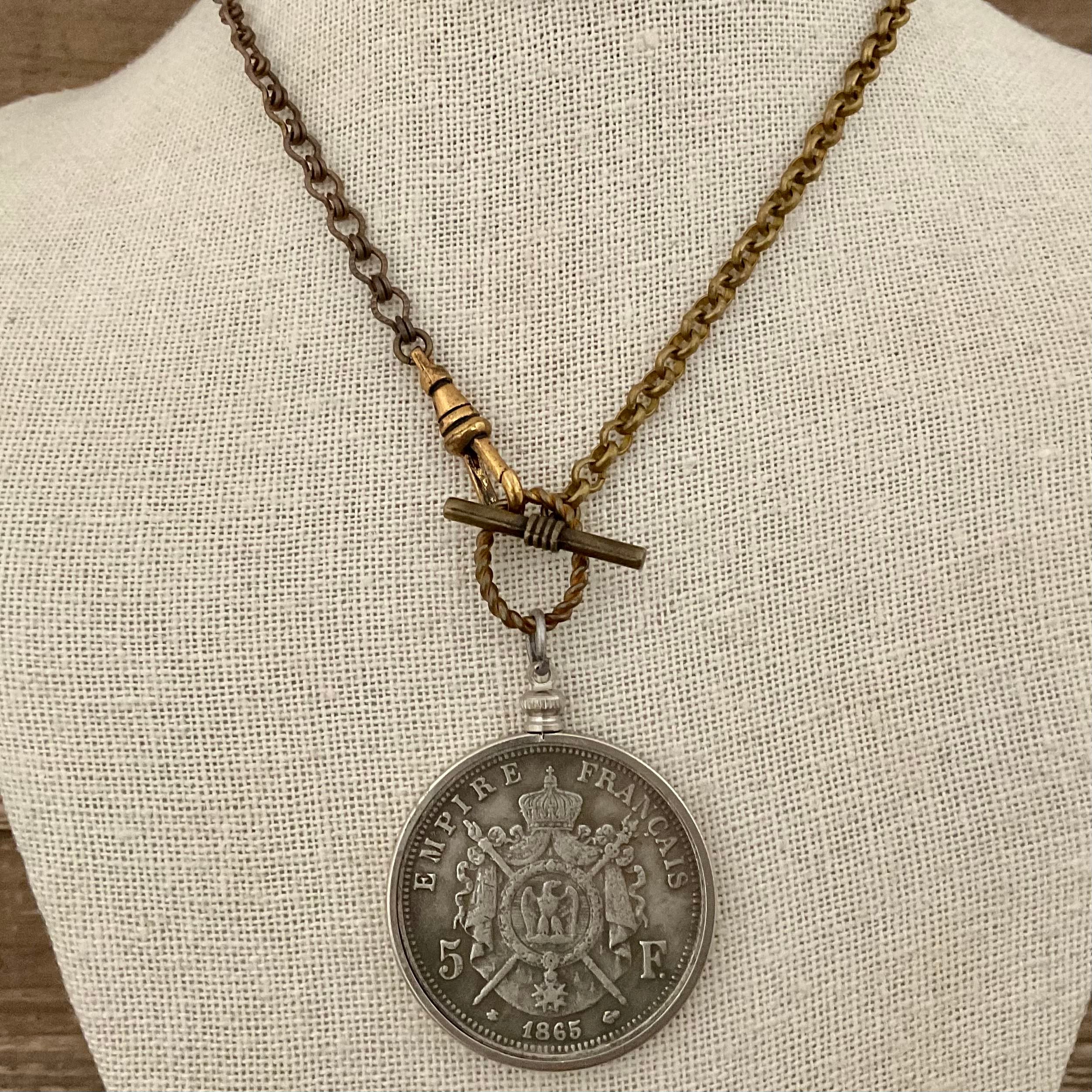 Vintage Brass Chain with Vintage French Coin Circa 1865