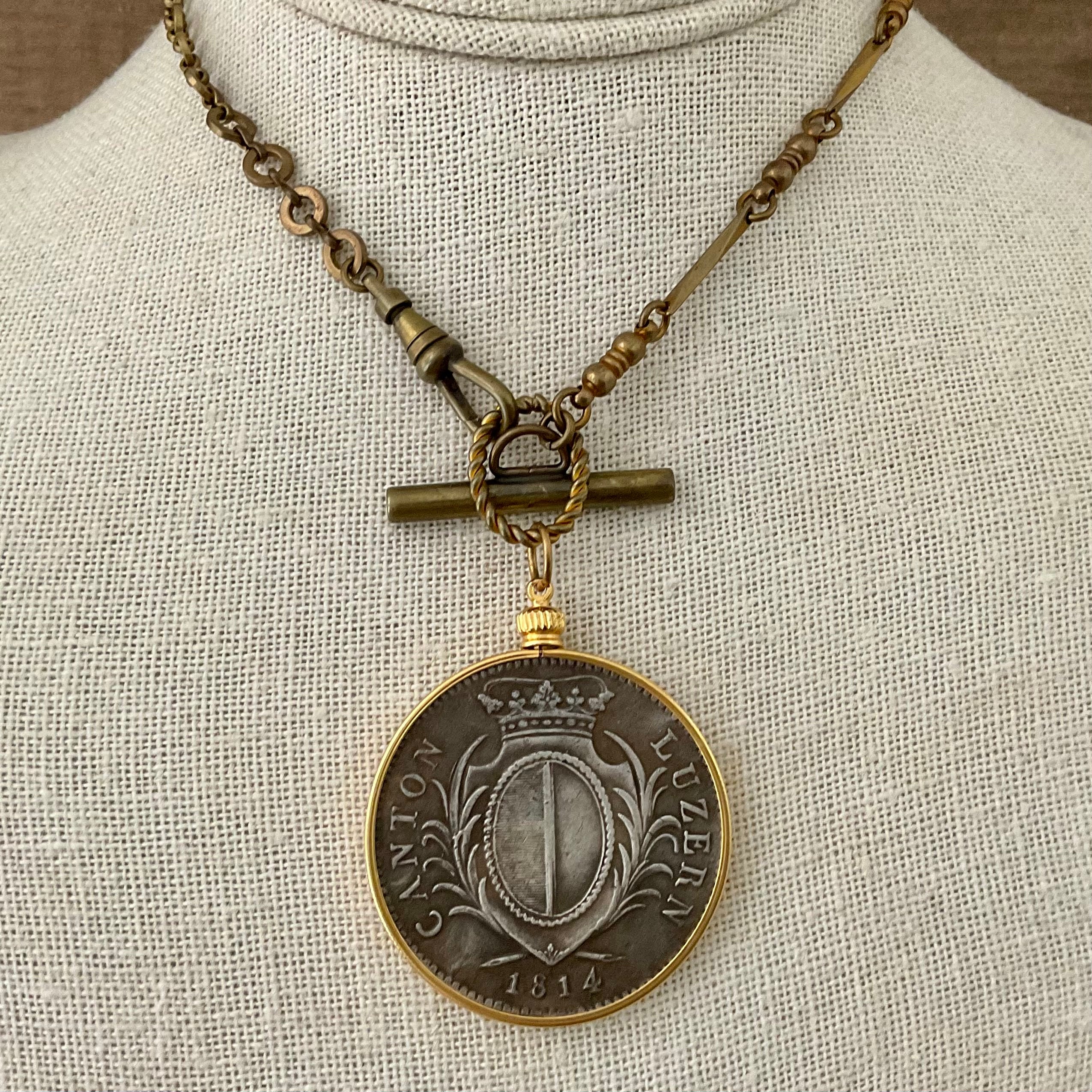 Vintage Brass Chain with Swiss Coin Circa 1814