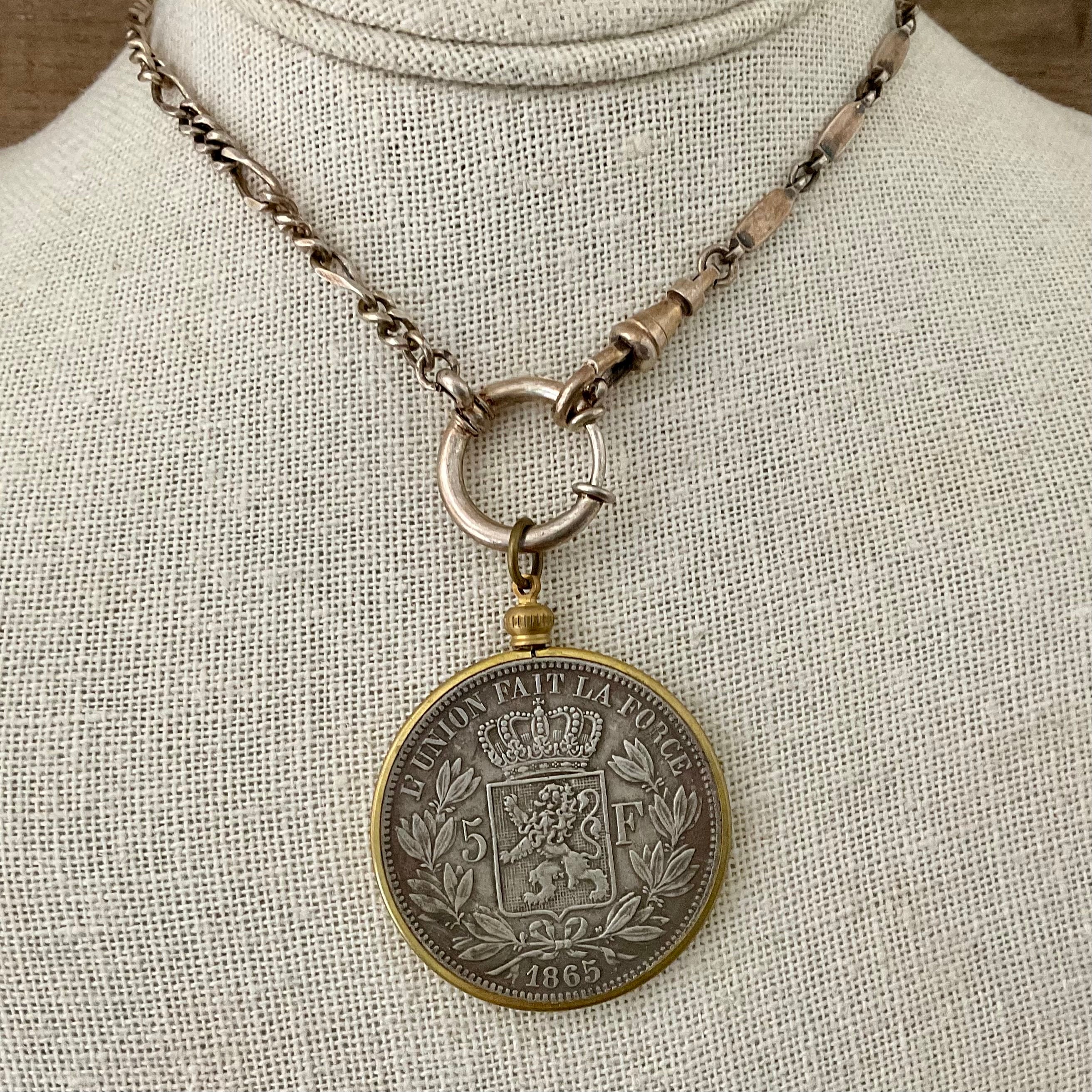 Vintage Sterling Watch Chain with Belgian Coin Circa 1865