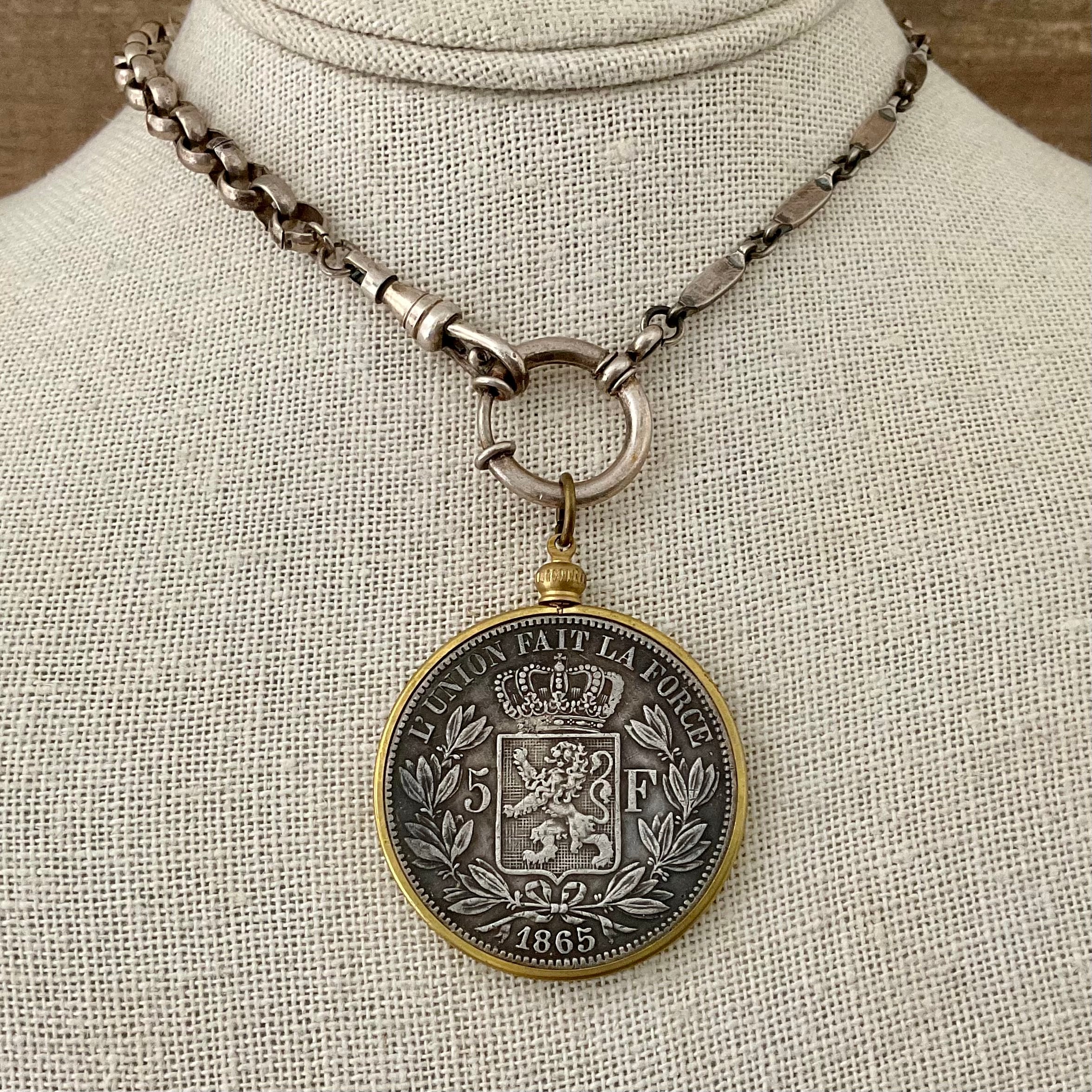Vintage Sterling Chain with Belgian Coin Circa 1865
