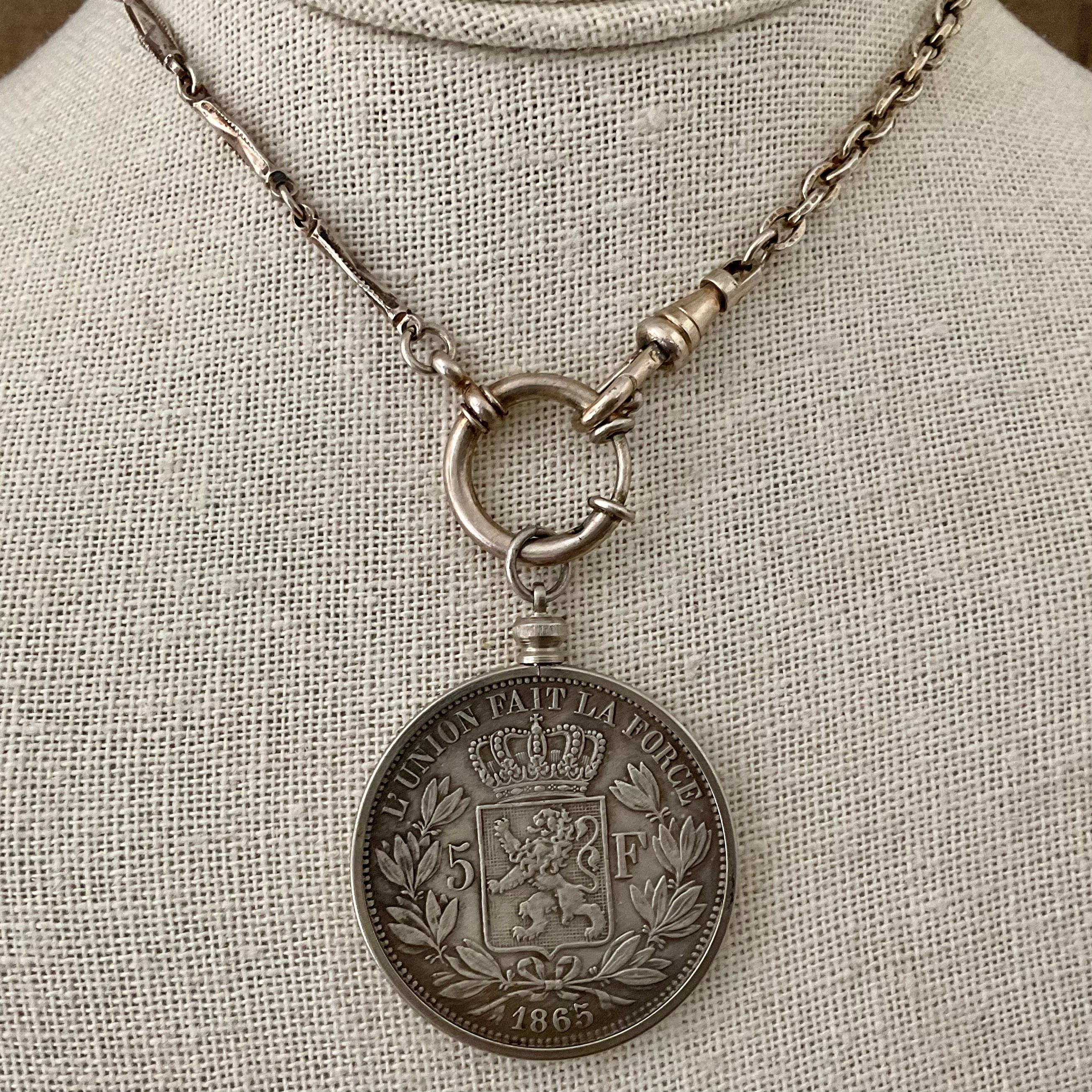 Vintage Sterling Watch Chain with Belgian Coin Circa 1865