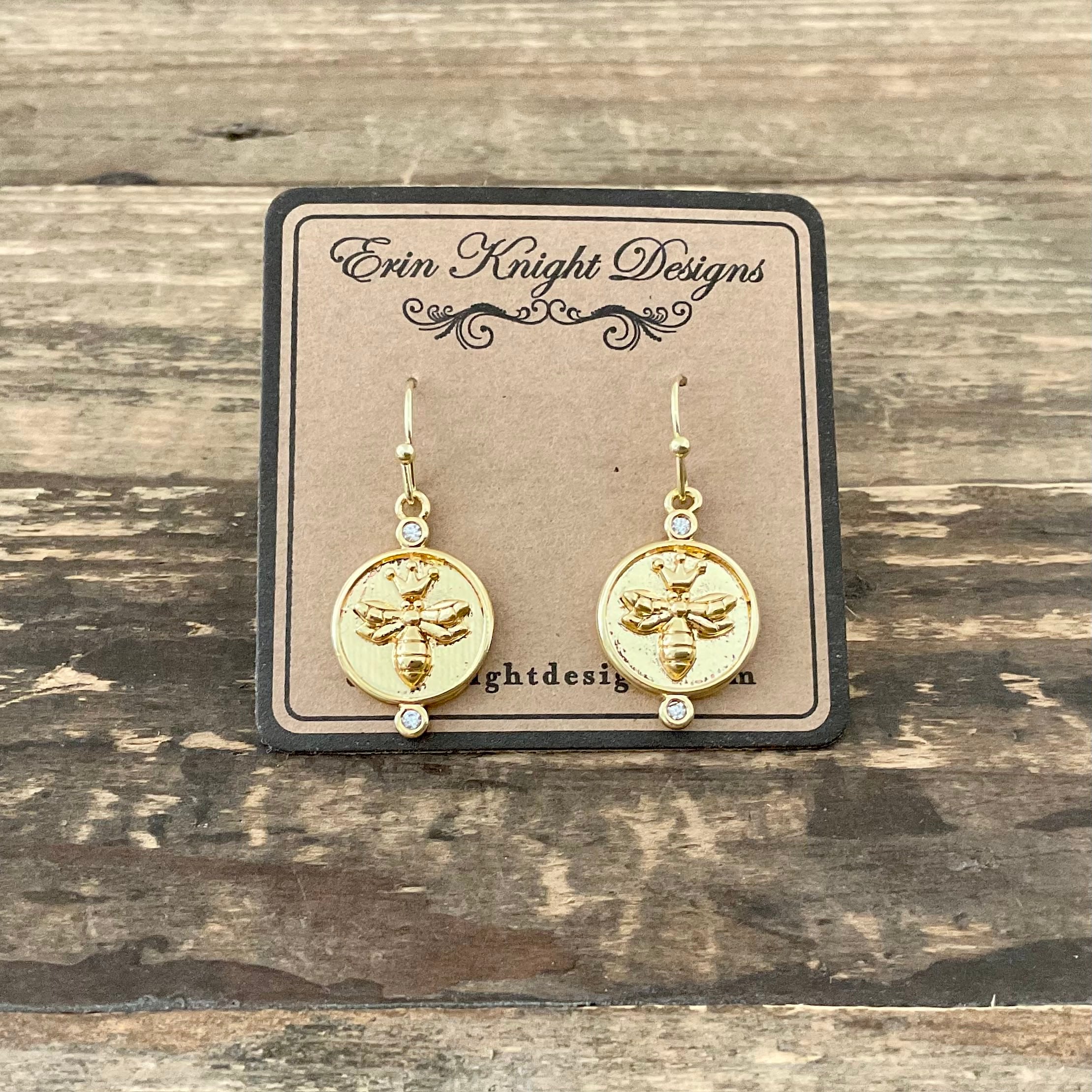 Gold Bee with Crown Earrings