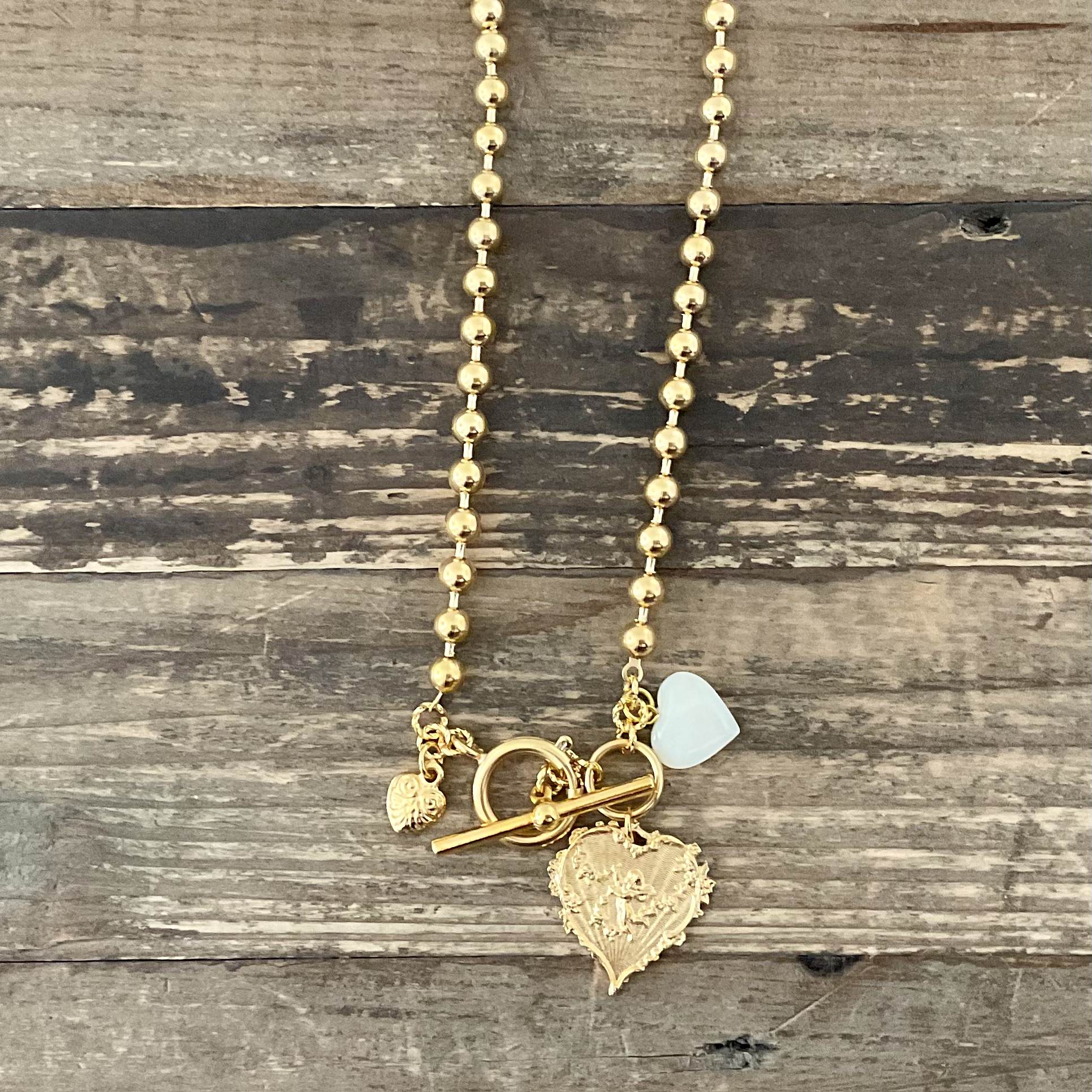 Gold Plated Ball Chain with Mother of Pearl and Gold Plated Hearts