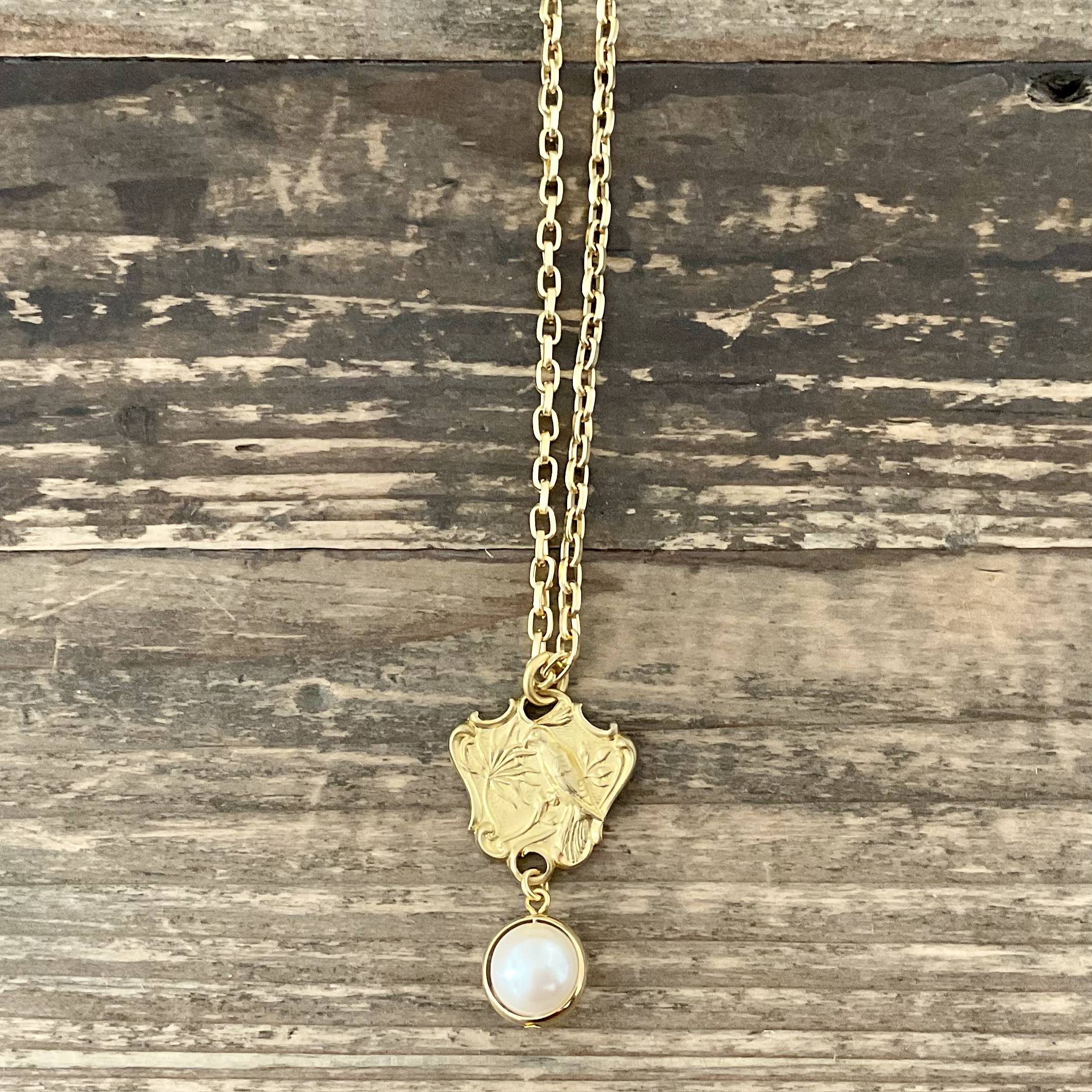 Gold Plated Chain with Vintage Bird Pendant & Pearl 20"