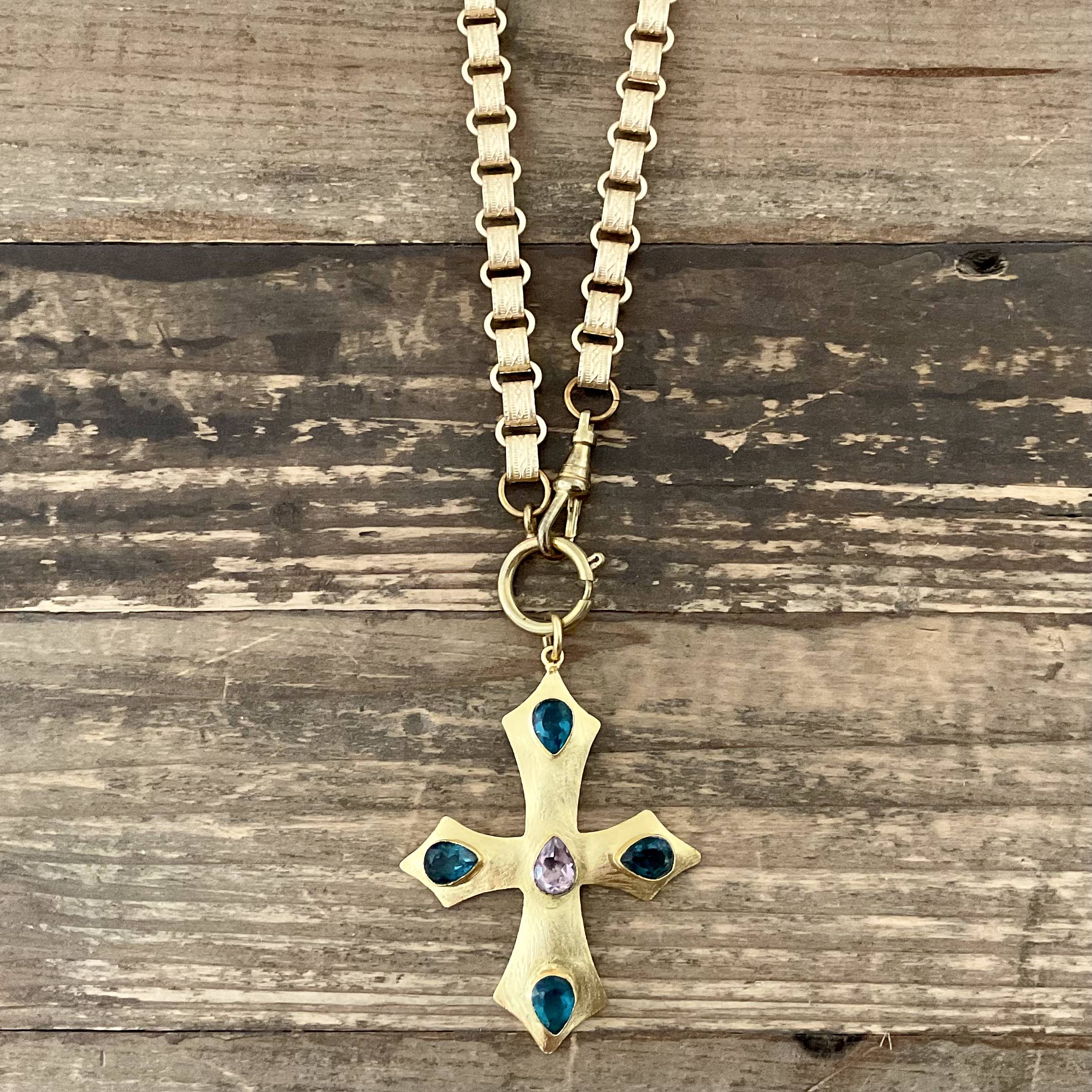 Vintage Gold Chain with Multi-stone Gold Plated Cross