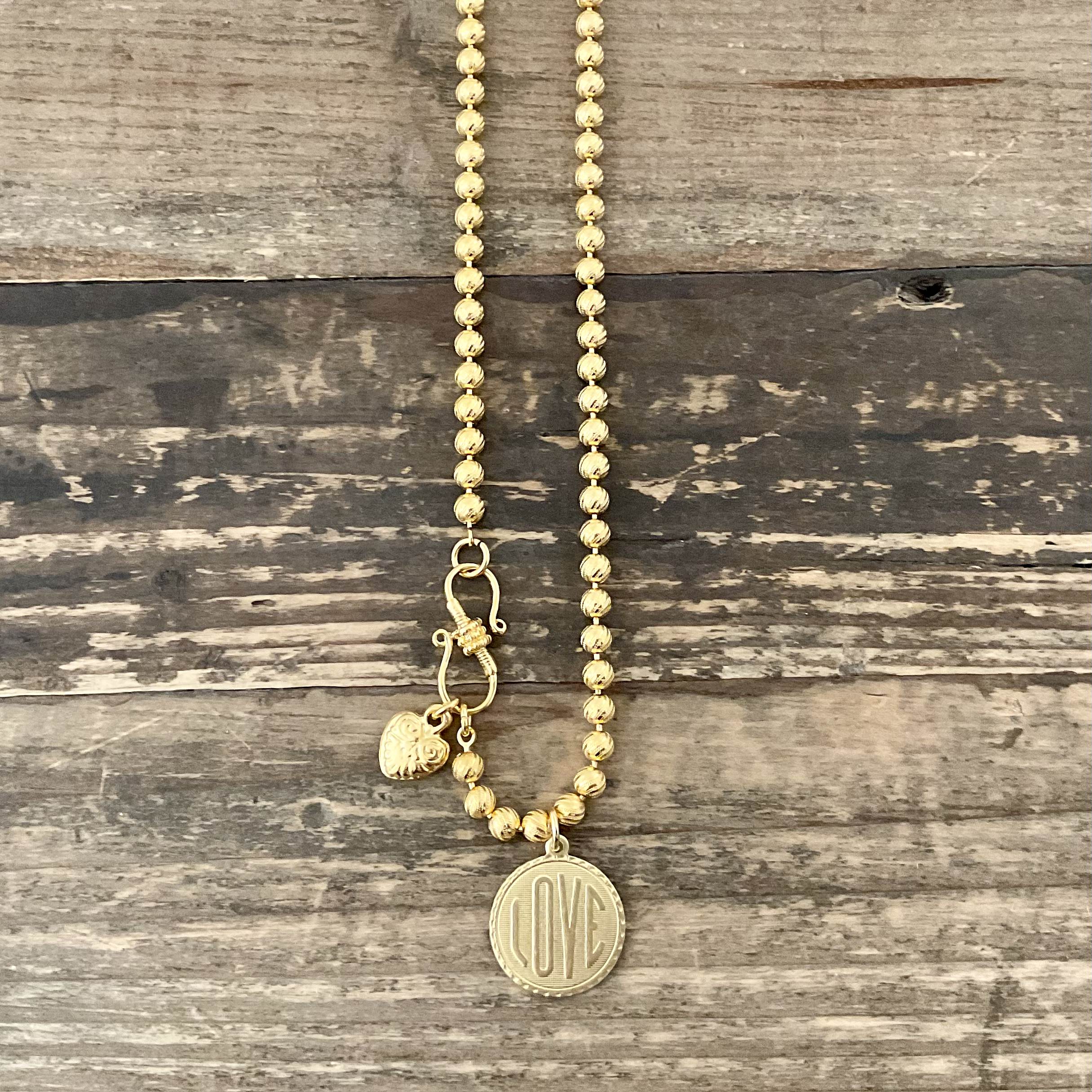 Vintage Gold Plated Fluted Ball Chain with Love Pendant 18"