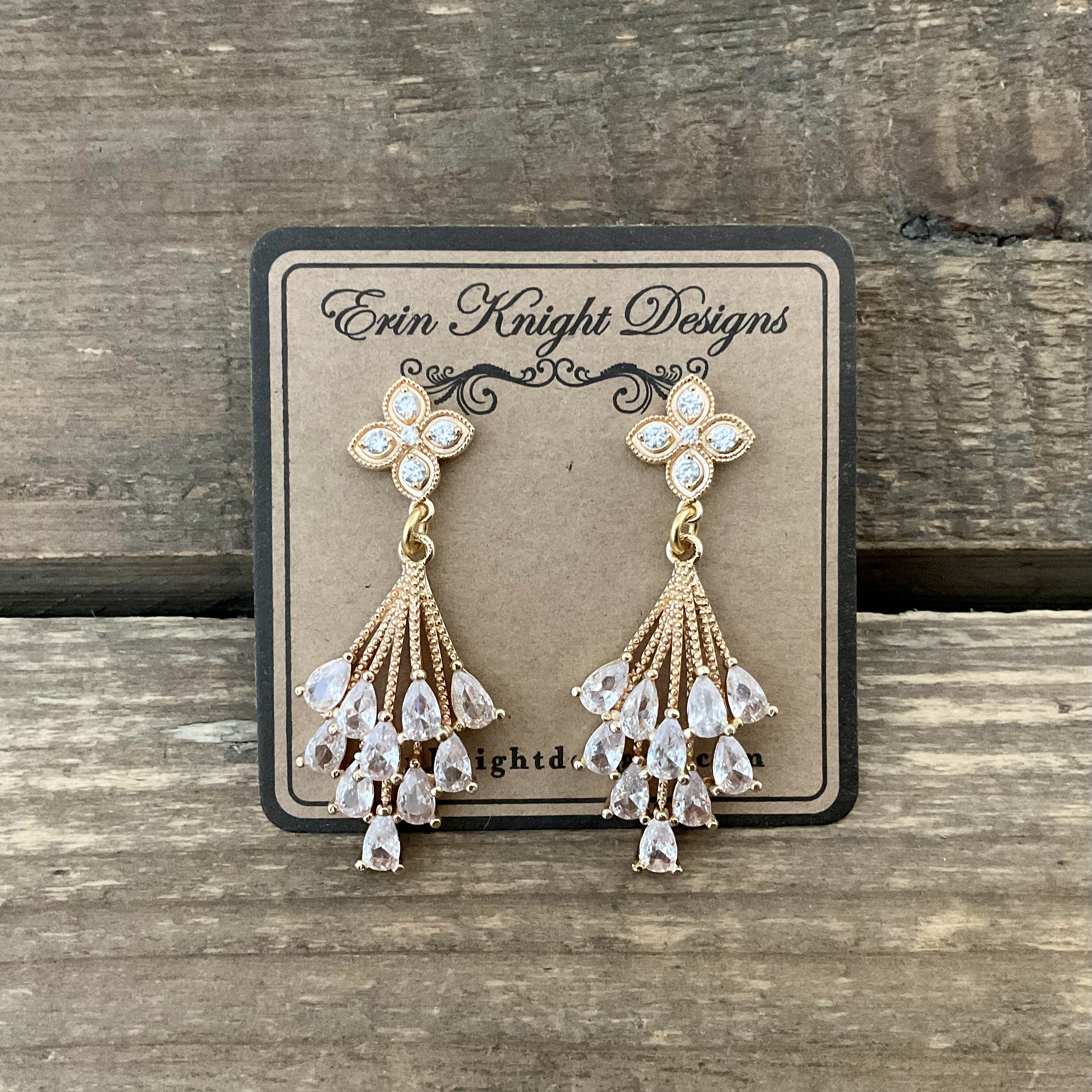 Pear-Shaped Rhinestones & Flower Gold Drop Earrings