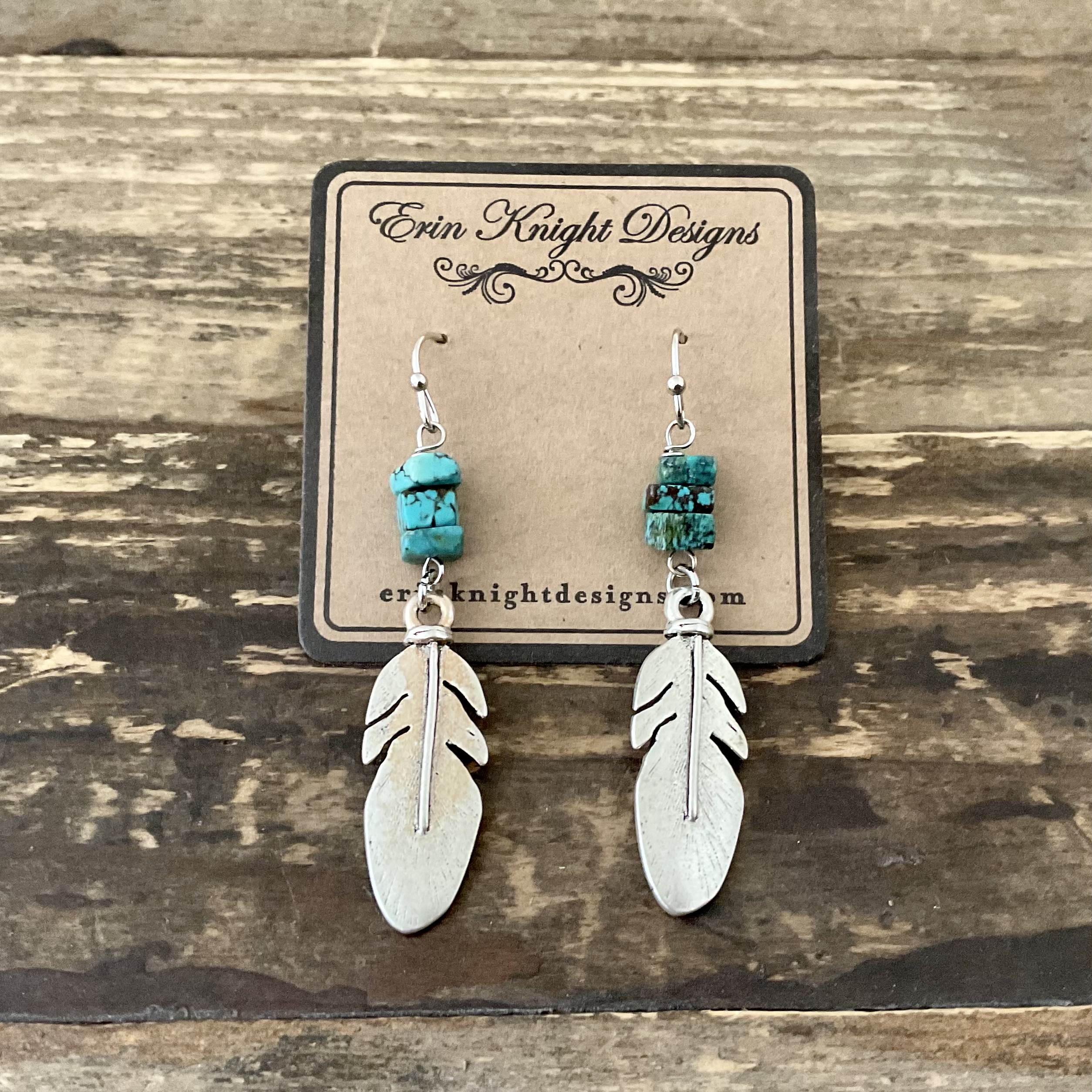 Vintage Silver Feather & Turquoise Earrings