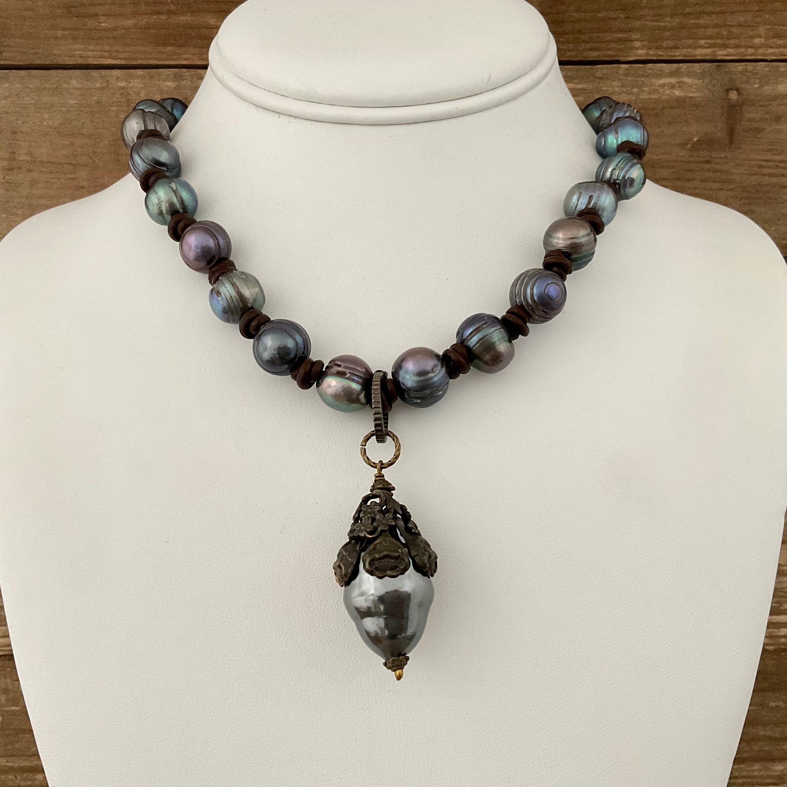 Freshwater Pearl & Leather Necklace with Pendant