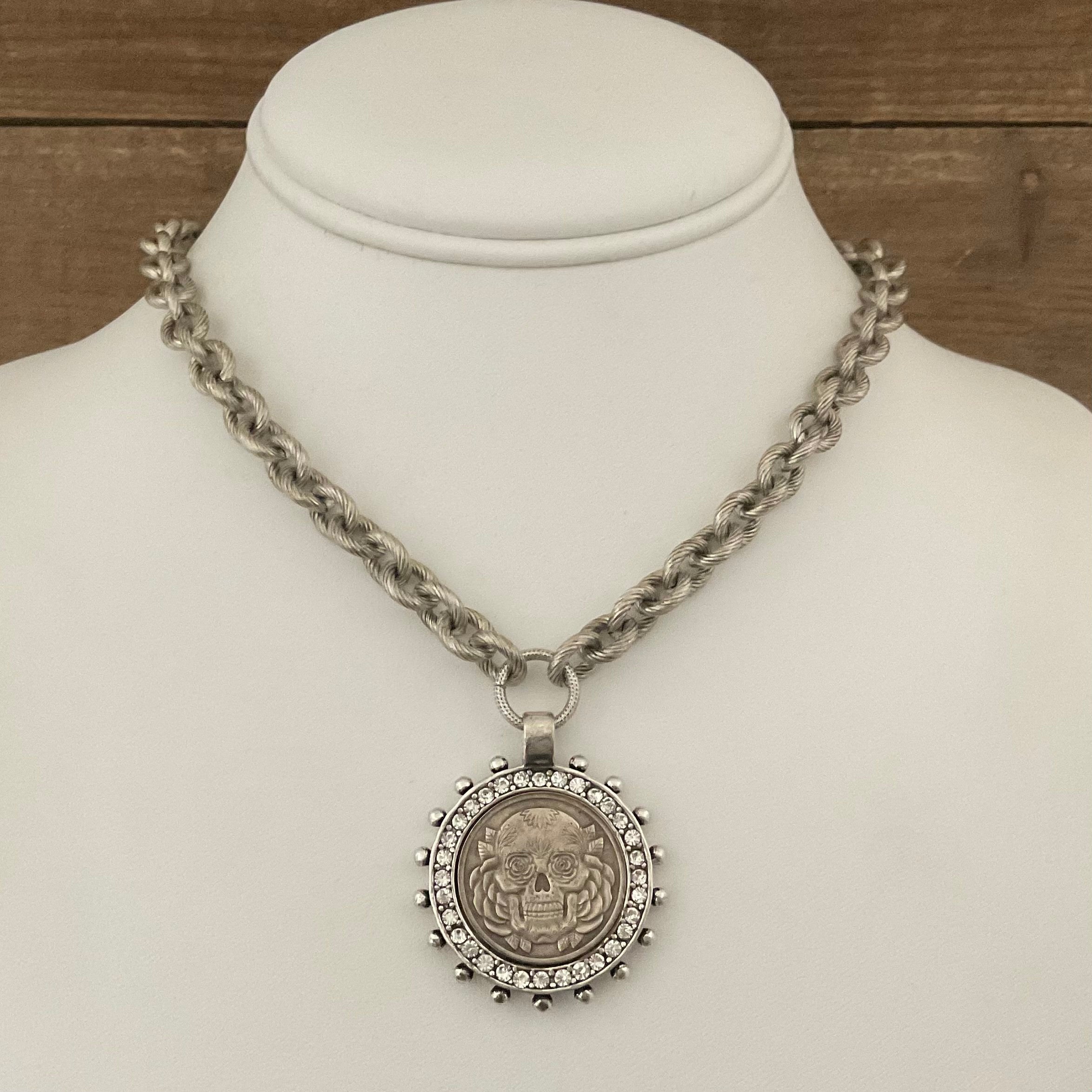 Vintage Silver Plated Chain with Silver Skull Coin