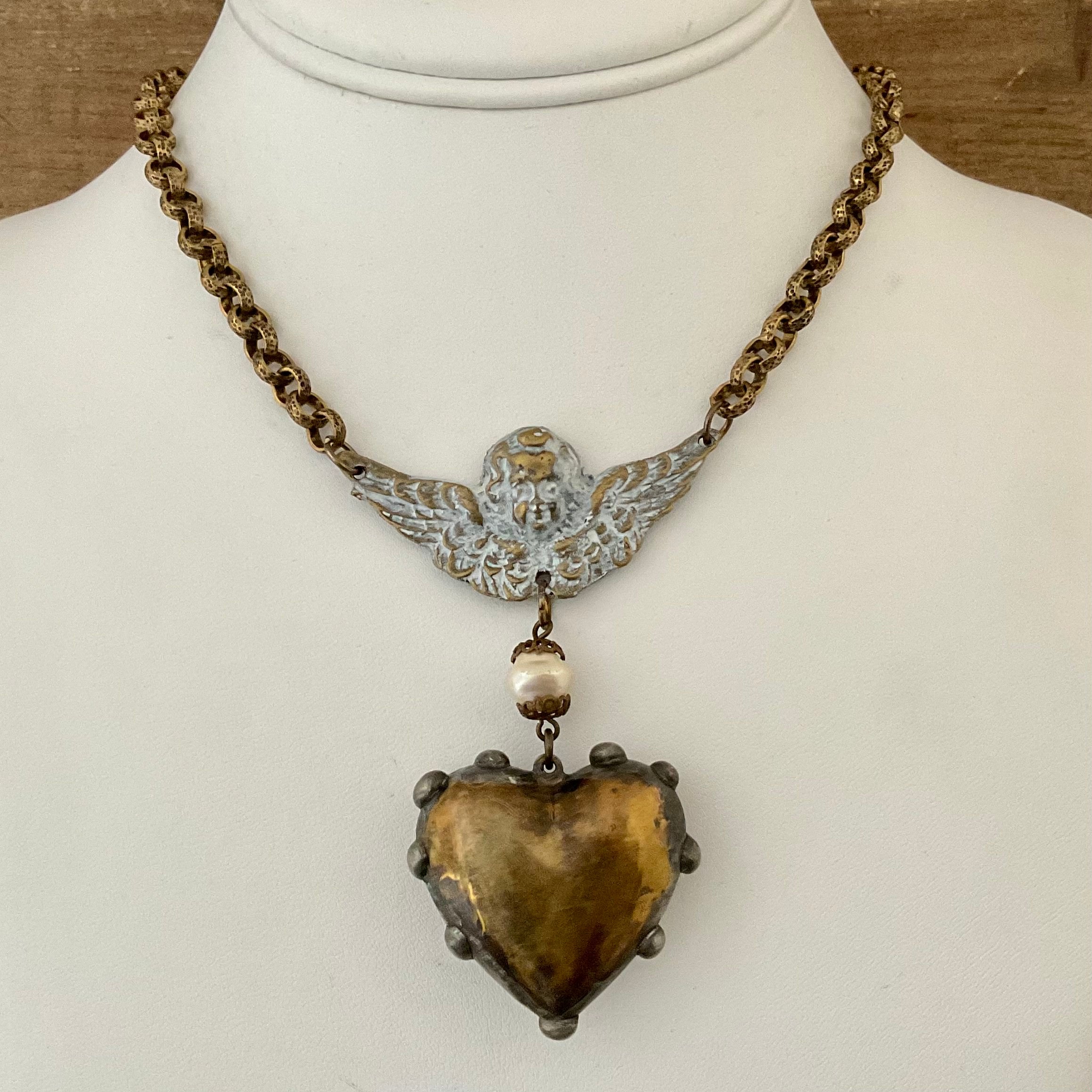Rustic Heart & Angel Pendant Necklace
