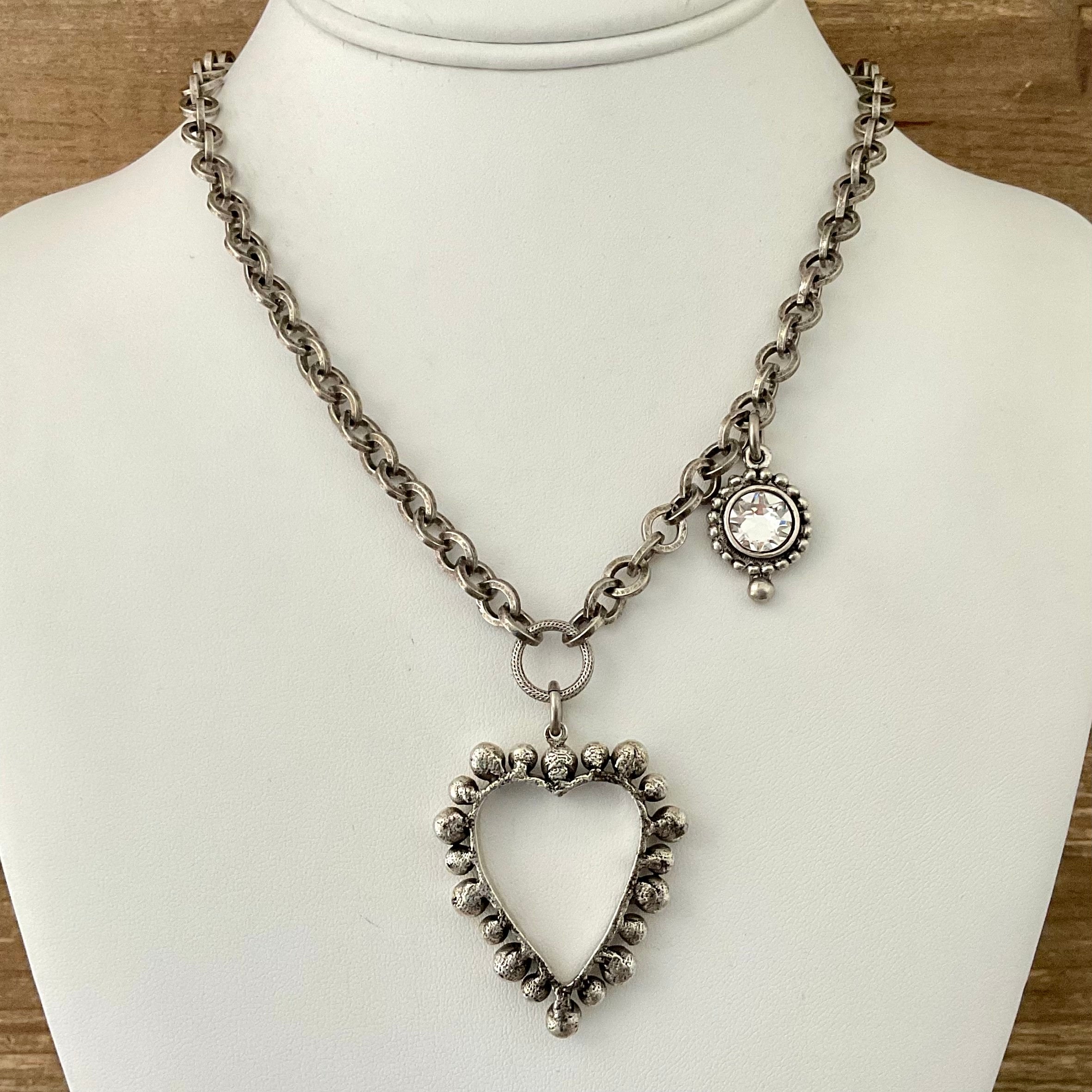 Vintage Sterling Plated Chain with Silver Heart Pendant & Crystal 18"