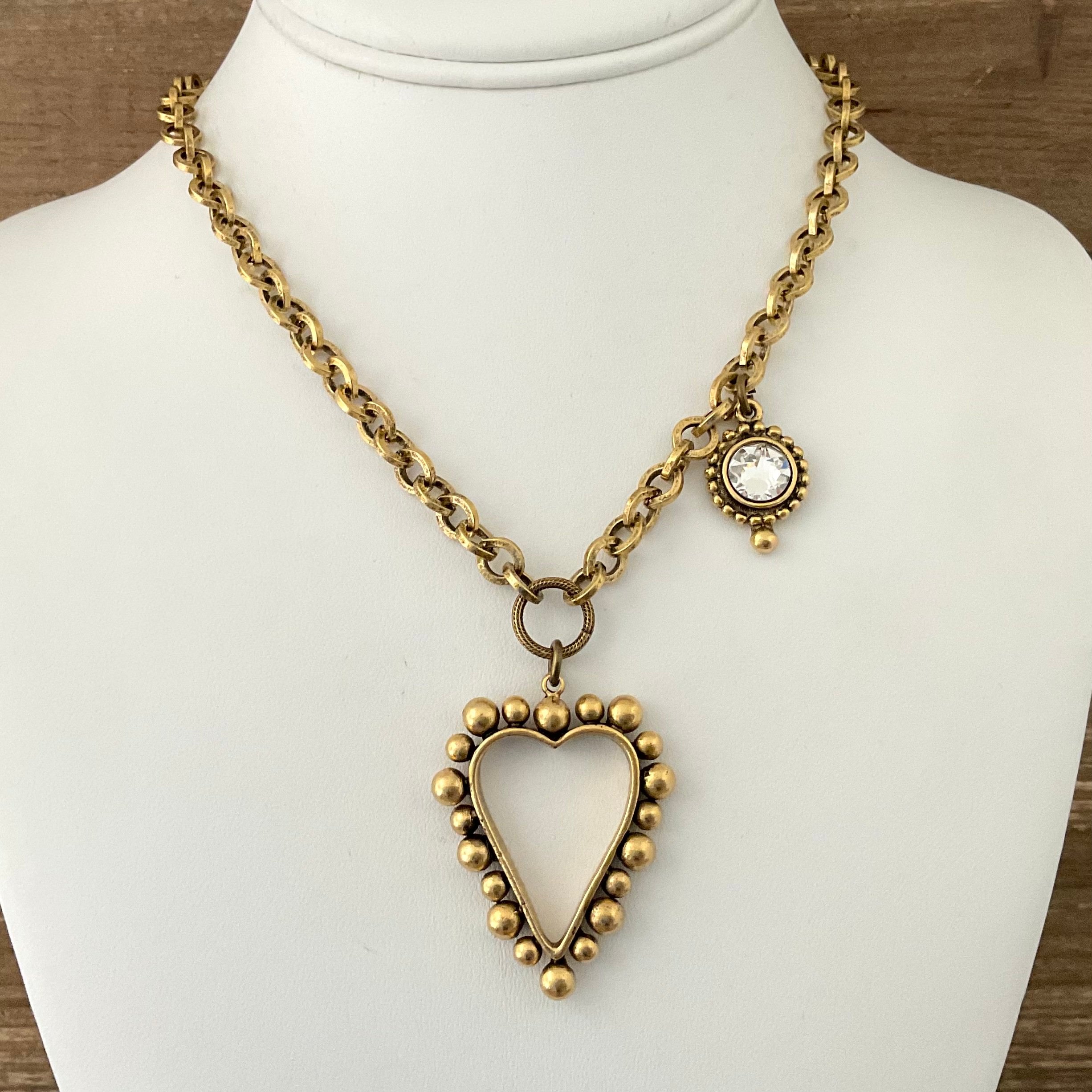 Vintage Gold Plated Chain with Gold Heart Pendant & Crystal 18"
