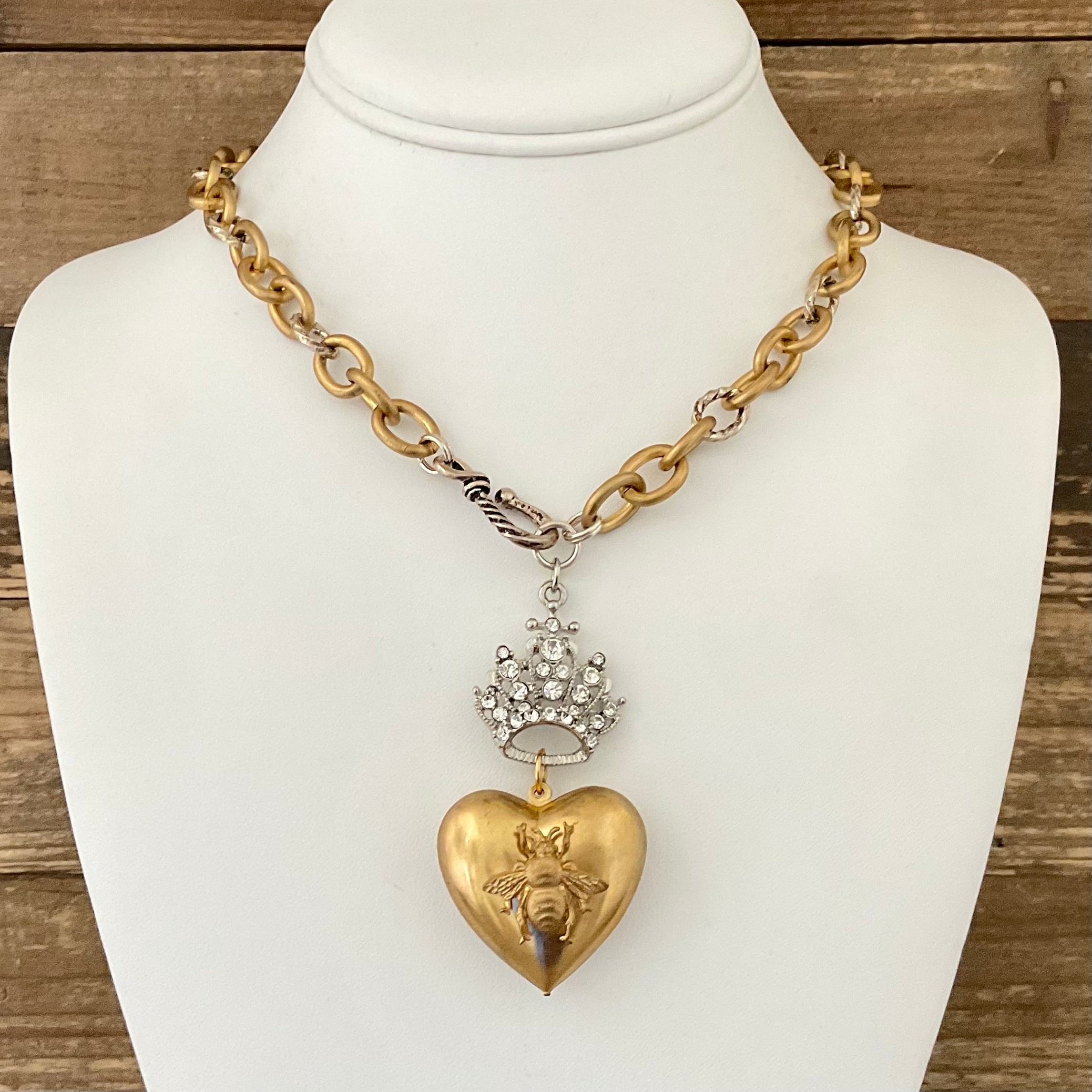 Vintage Gold & Sterling Plated Chain with Vintage Rhinestone Crown & Bee Heart 18"