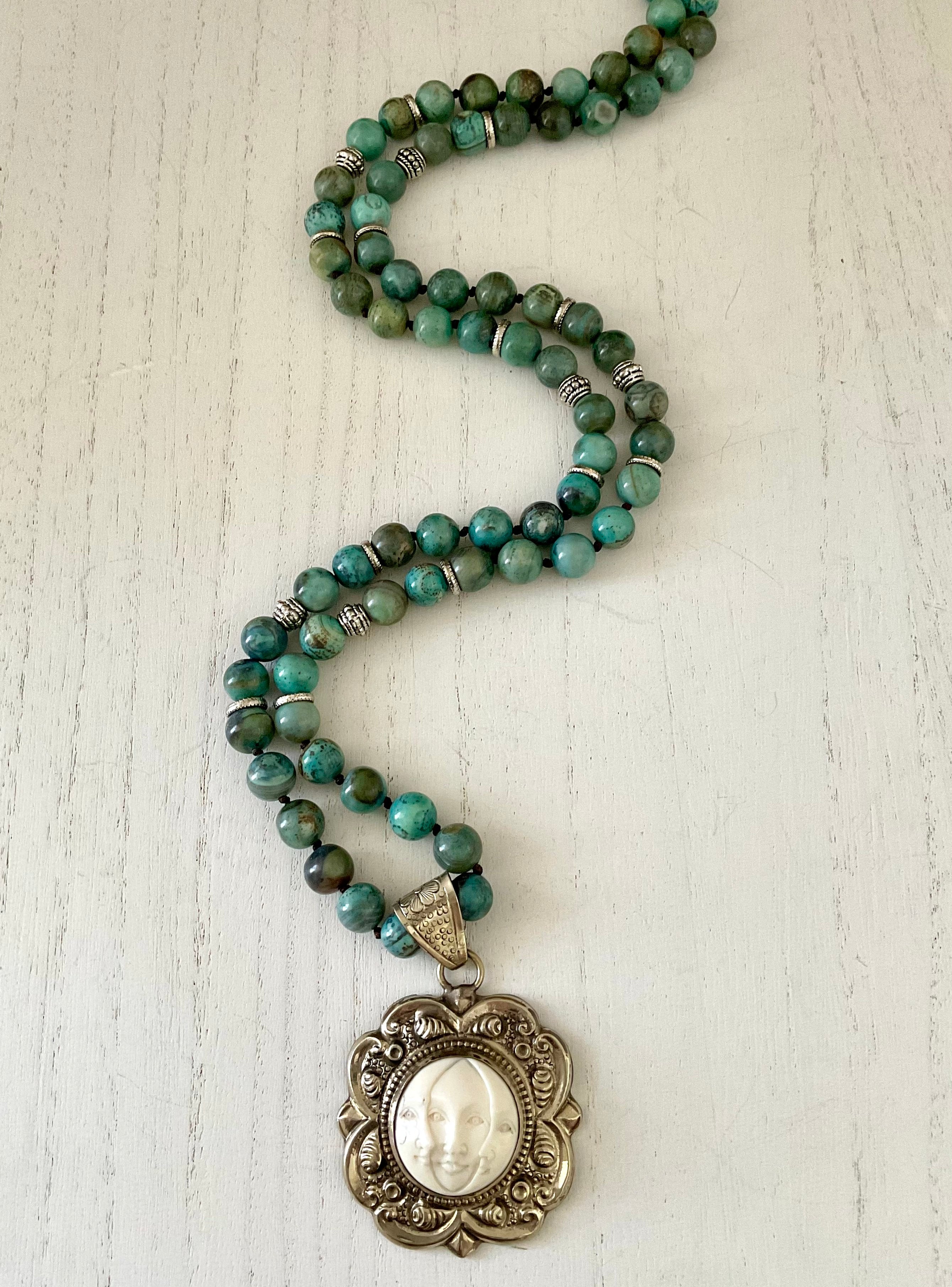 Hand Knotted Beaded Necklace with Moon Pendant