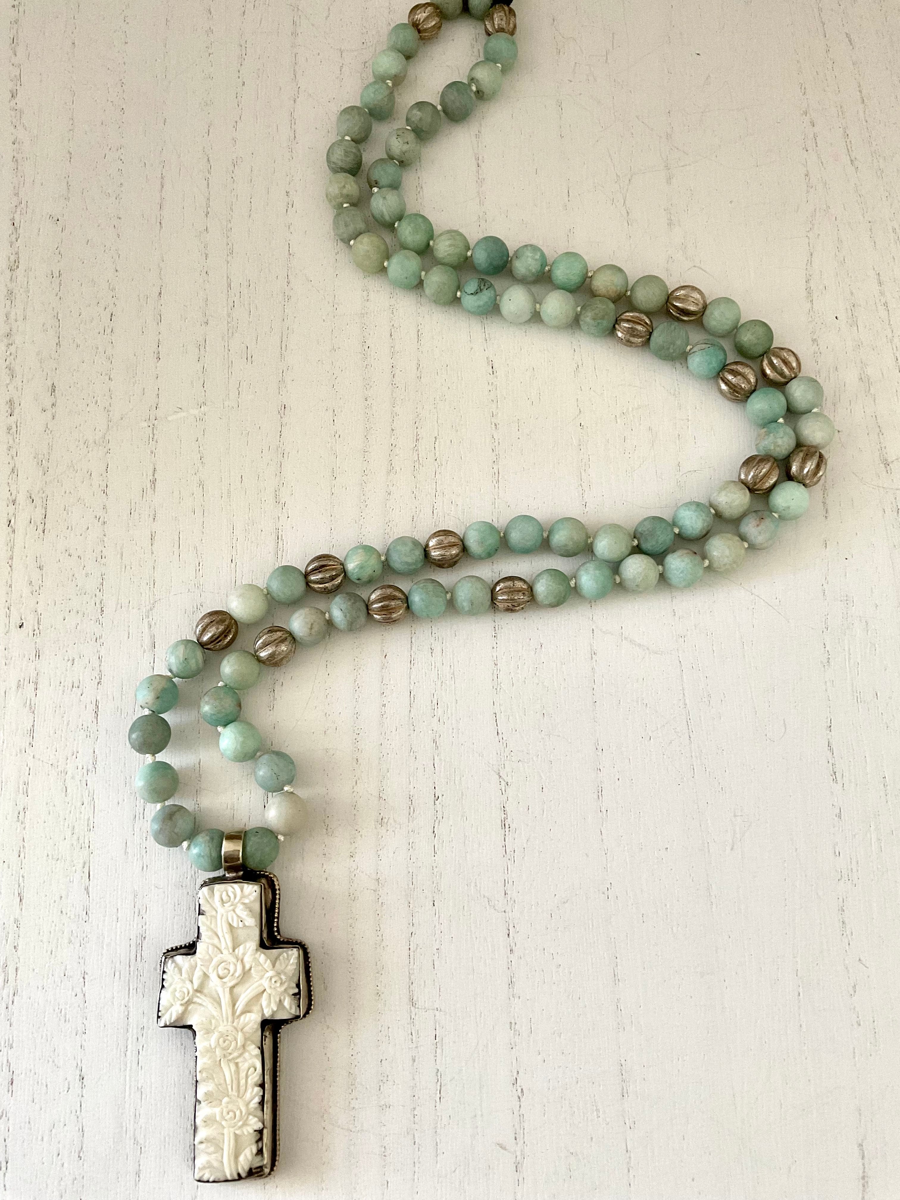 Hand Knotted Beaded Necklace with Flower Cross Pendant