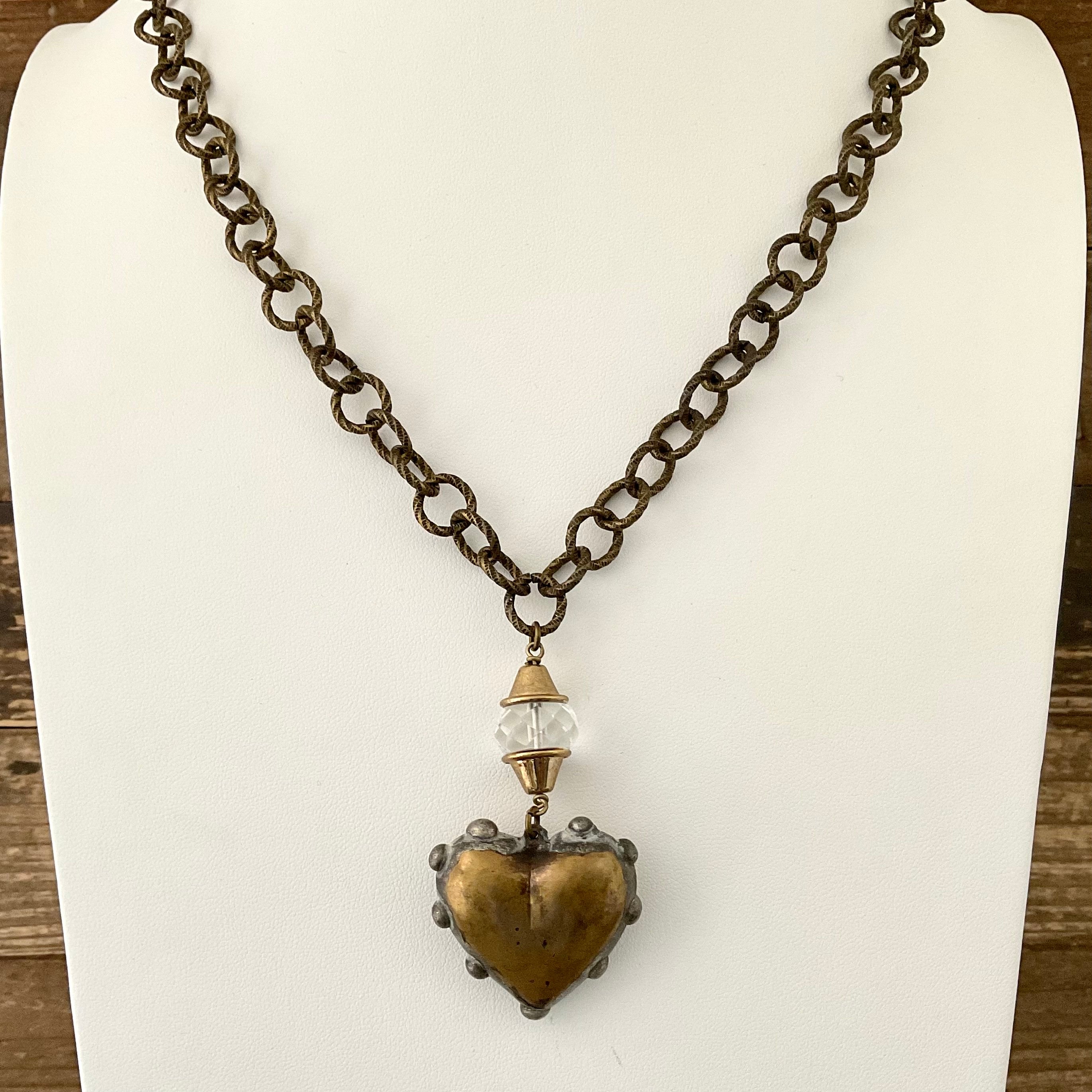 Vintage Crystal and Rustic Soldered Heart Necklace 36"