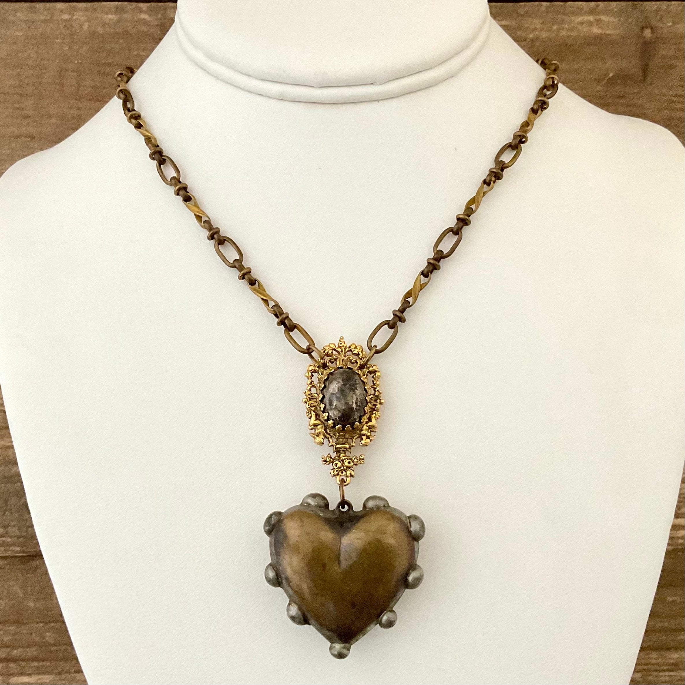 Vintage Chain with Vintage Hematite Pin & Vintage Soldered Heart Pendant 16"