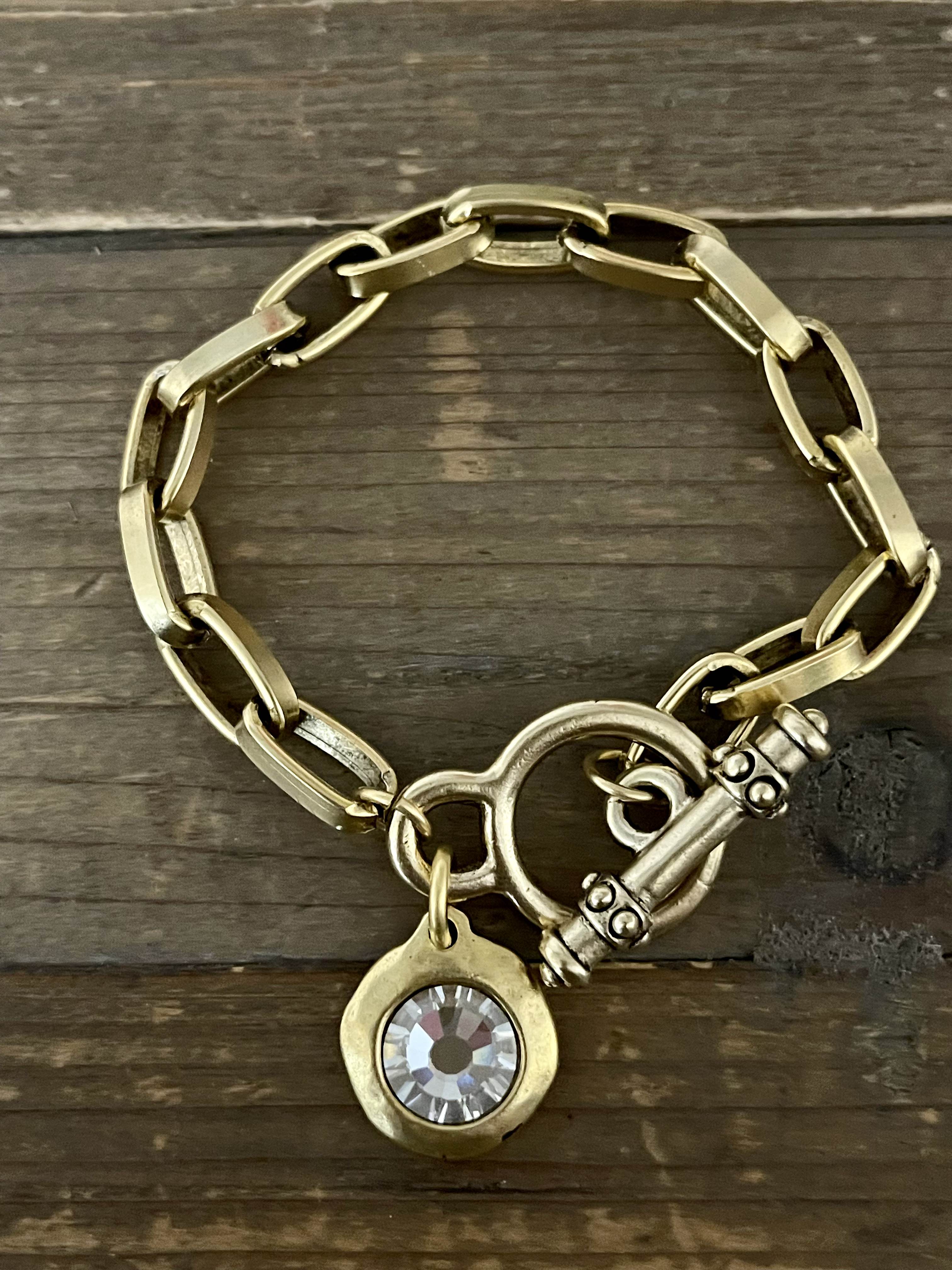 Gold Plated Chain and Toggle Bracelet with Swarovski Crystal Charm 7.5"