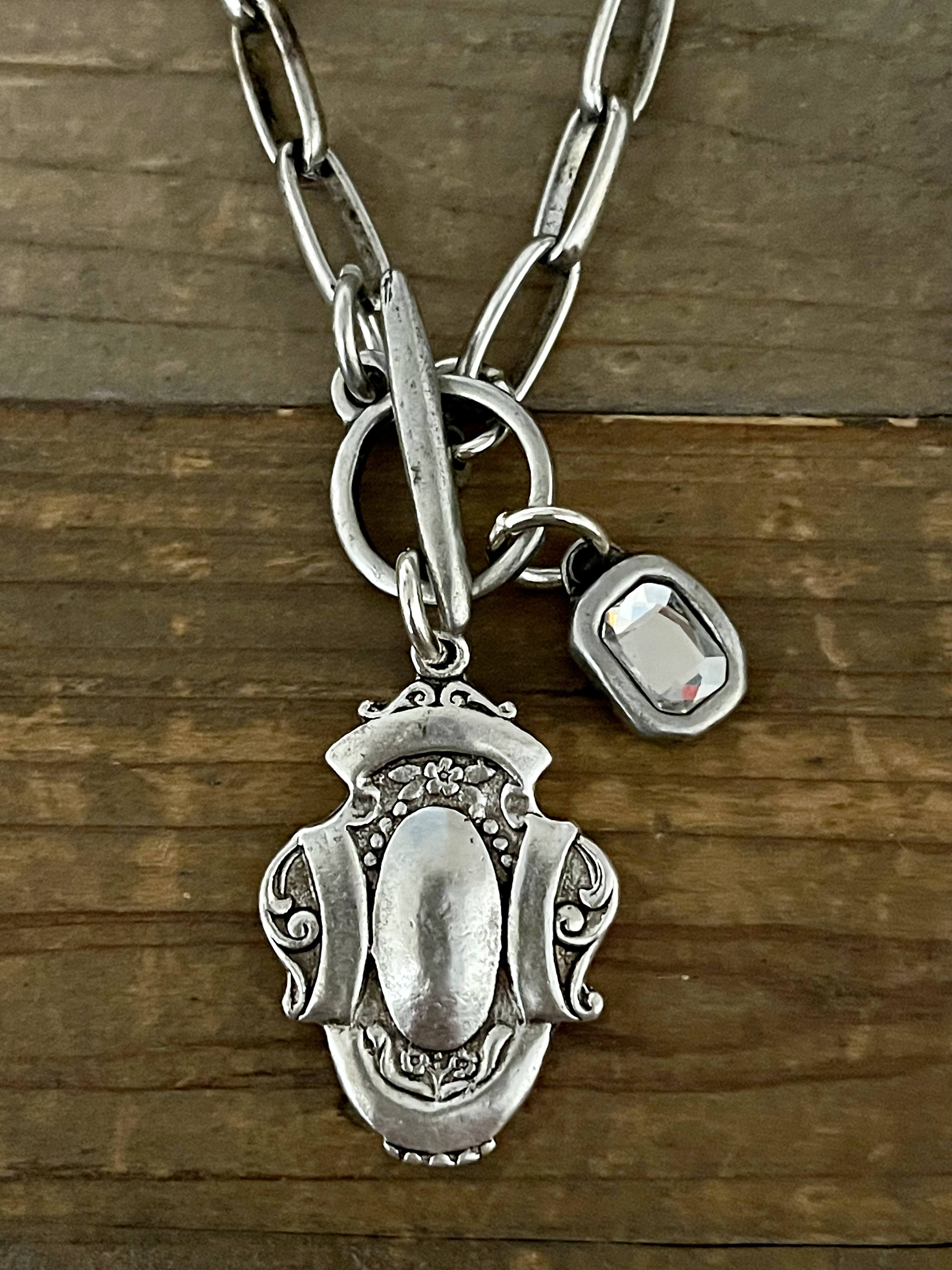 Sterling Plated 18" Chain with Reproduction Watch Fob Pendant and Swarovski Crystal