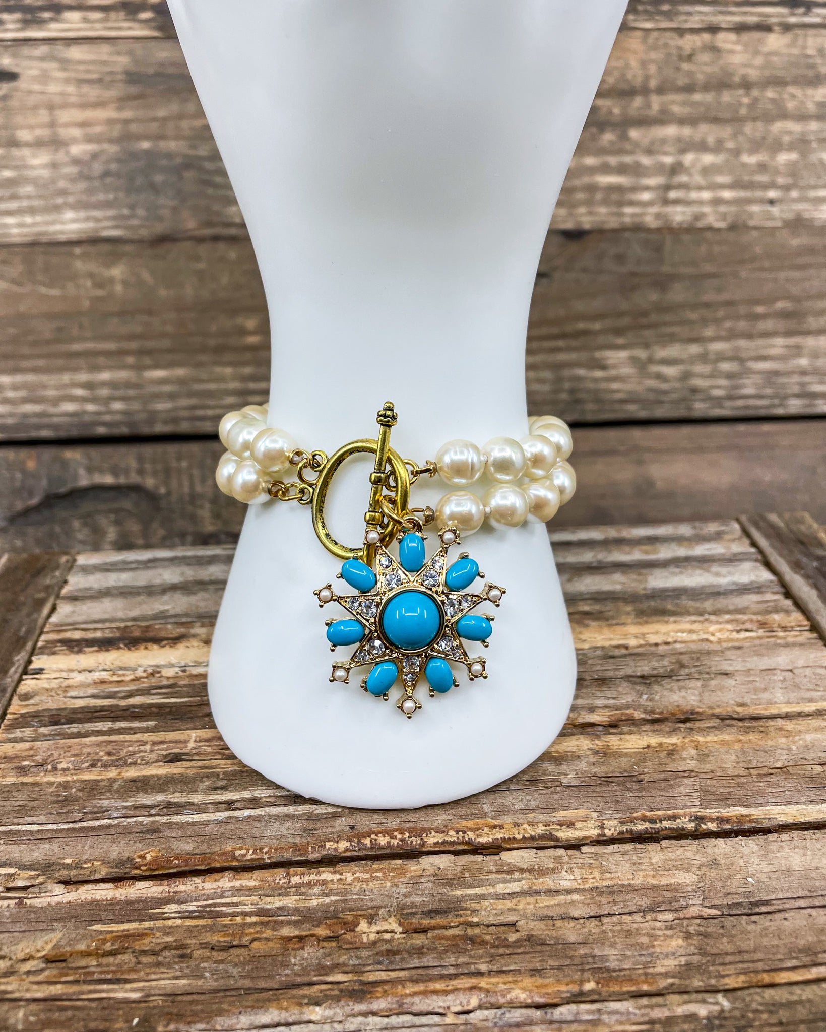 Turquoise & Rhinestone Pearl Bracelet