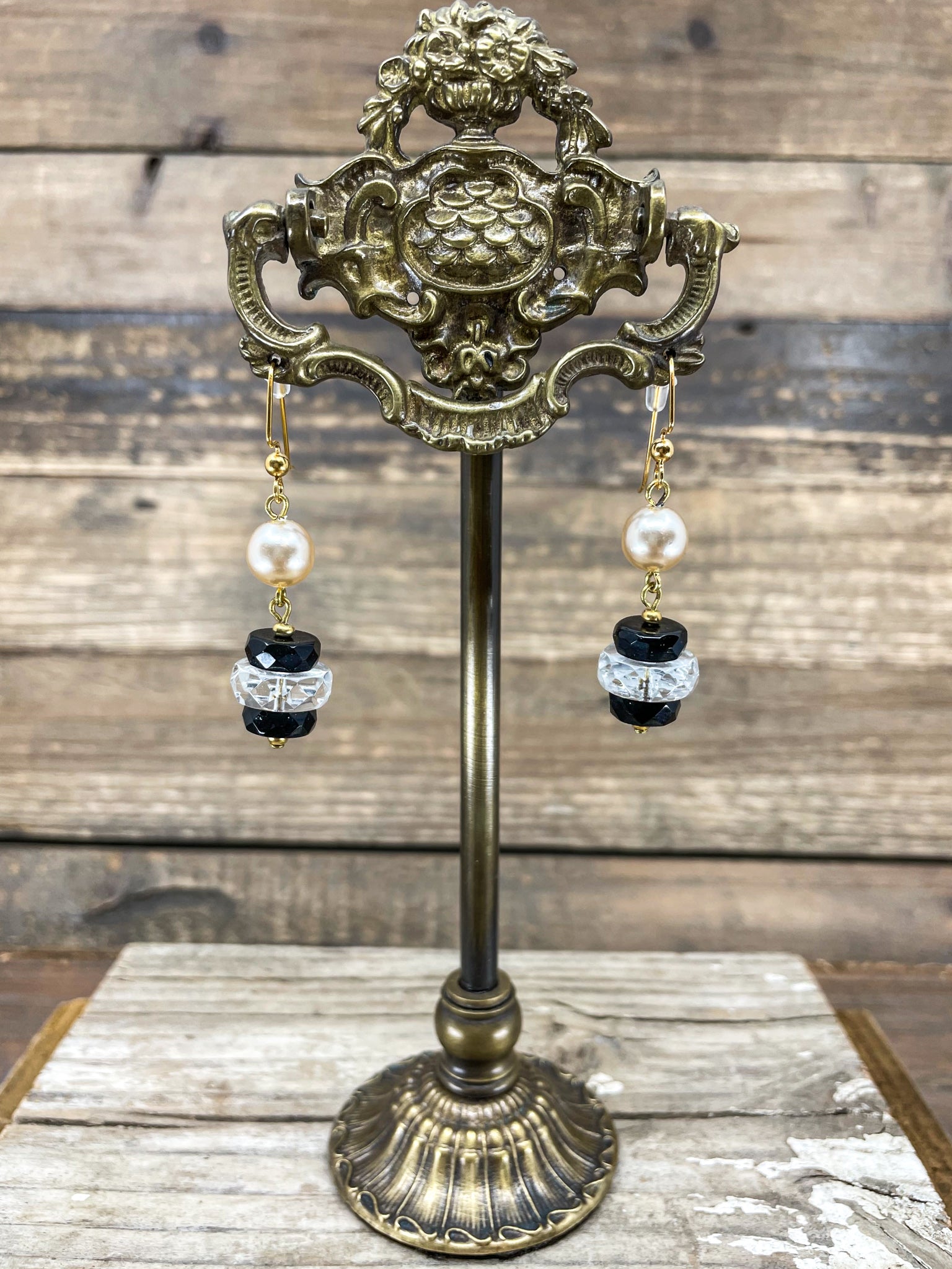 Pearl Drop Earring with Black and Crystal Stack