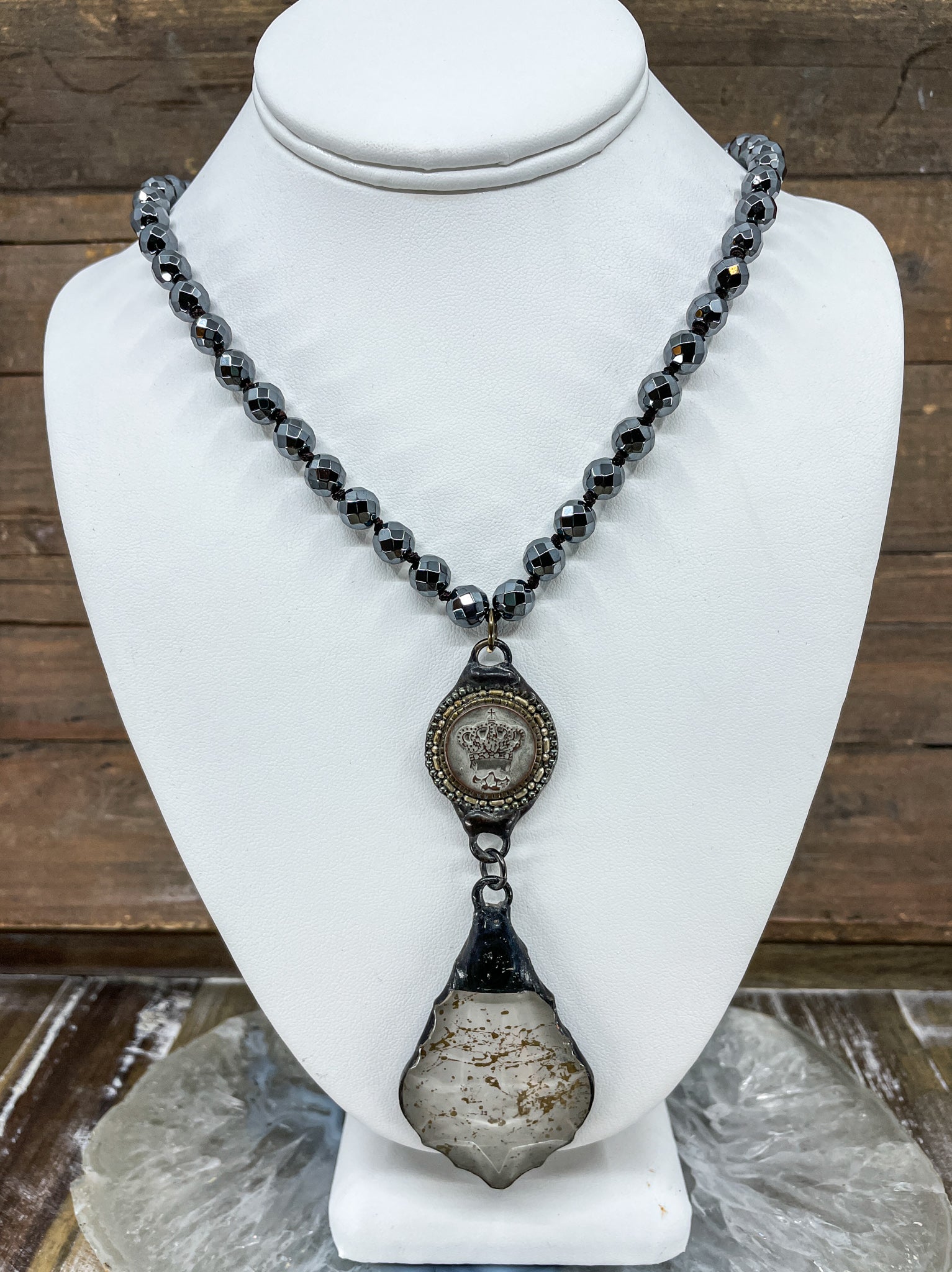 Vintage Crystal Pendant Hematite Necklace