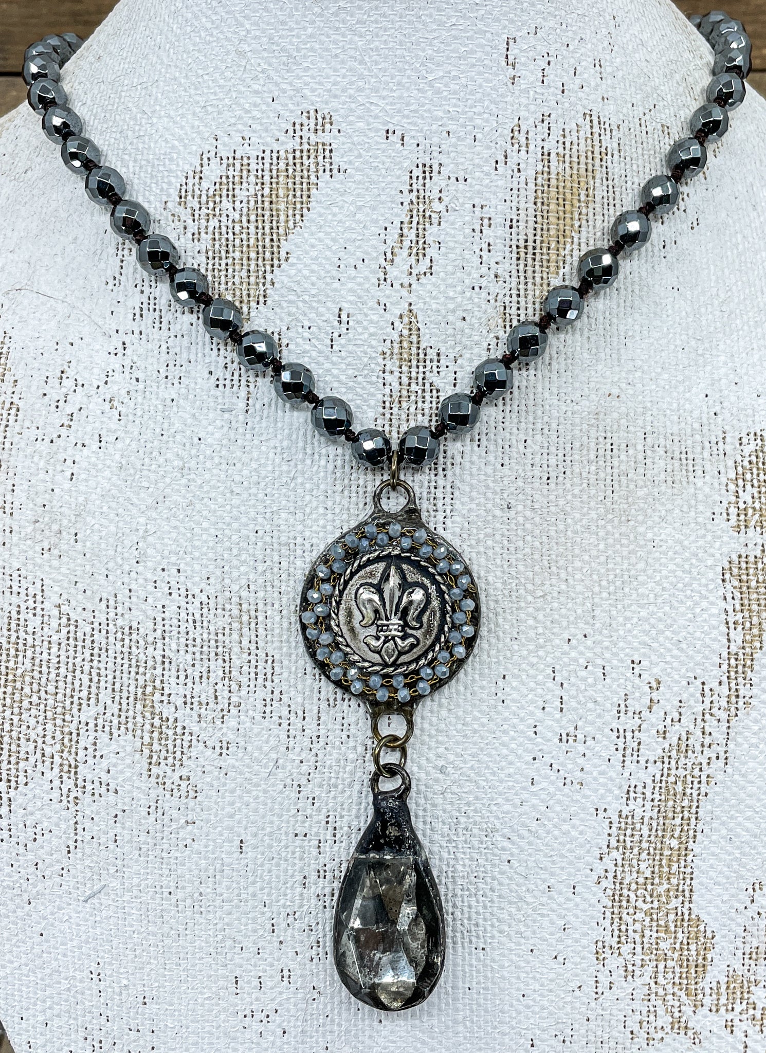 Vintage Crystal Pendant Hematite Necklace