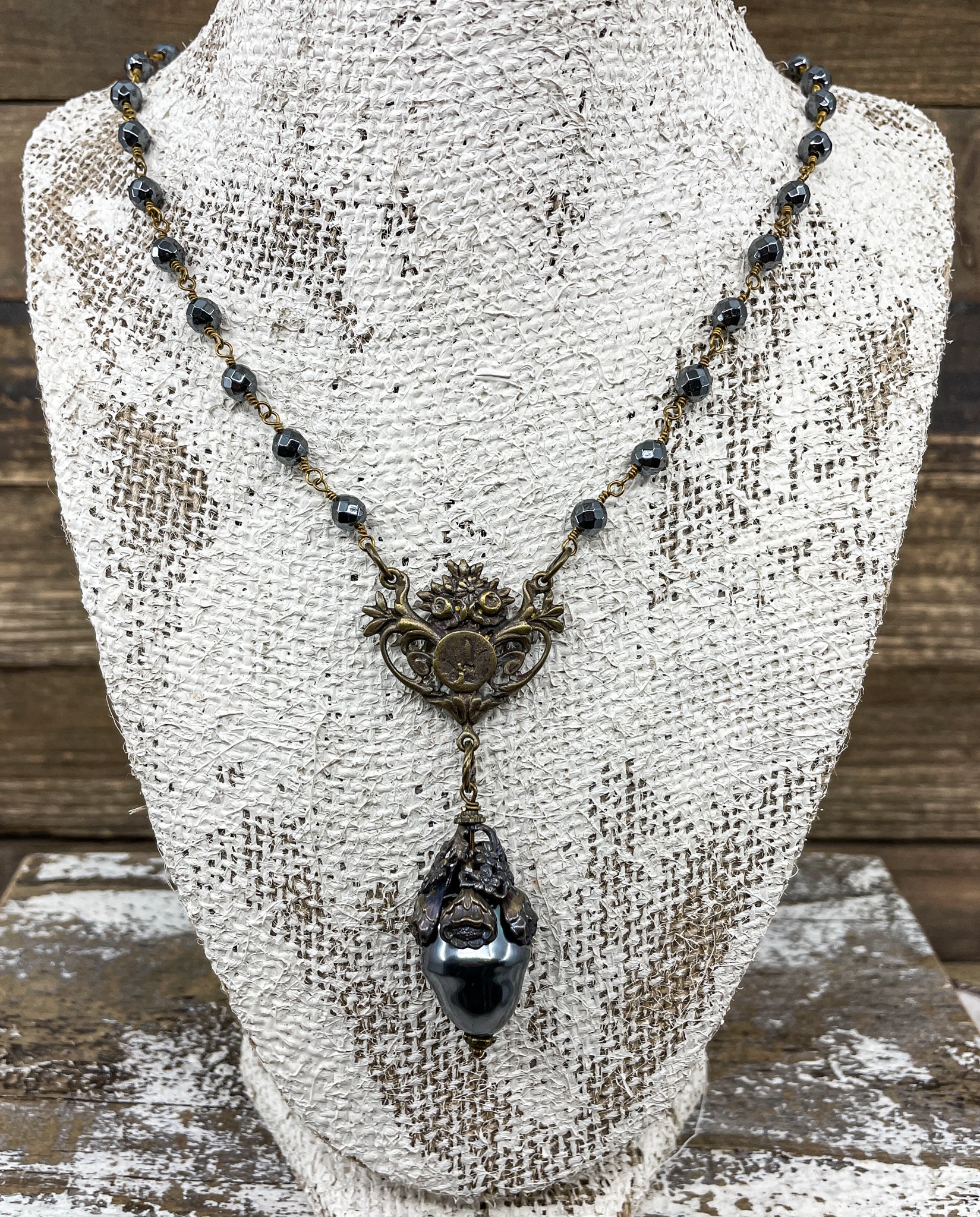 Hematite Rosary & Pearl Drop Necklace