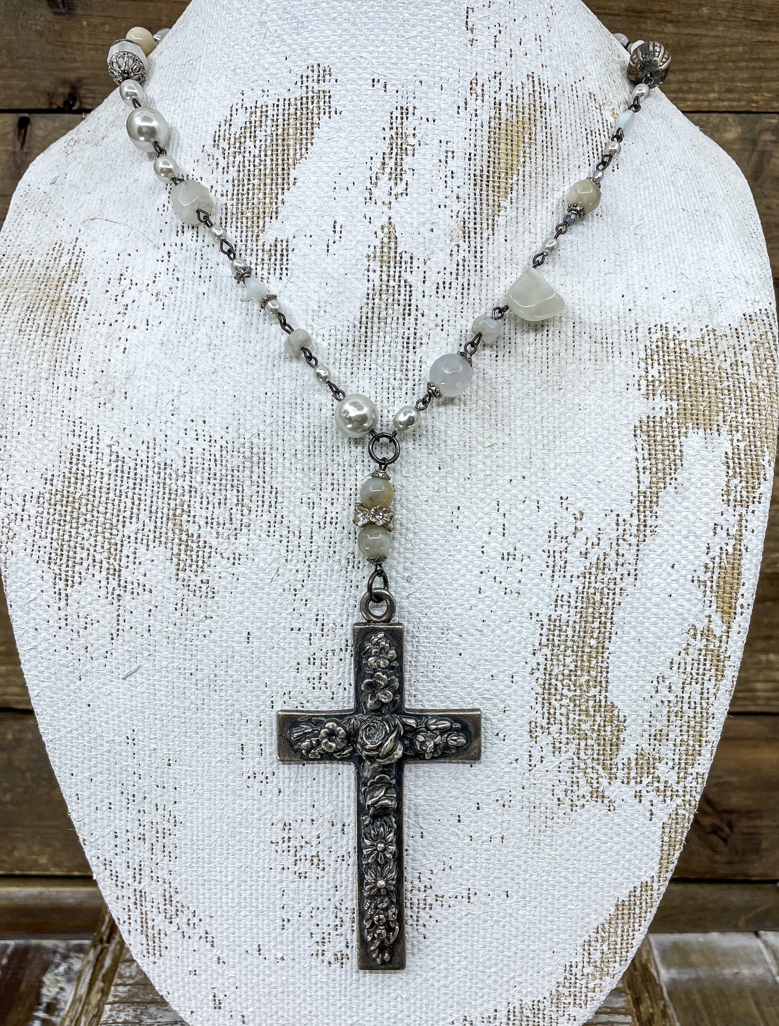 Vintage Rosary & Floral Cross Necklace