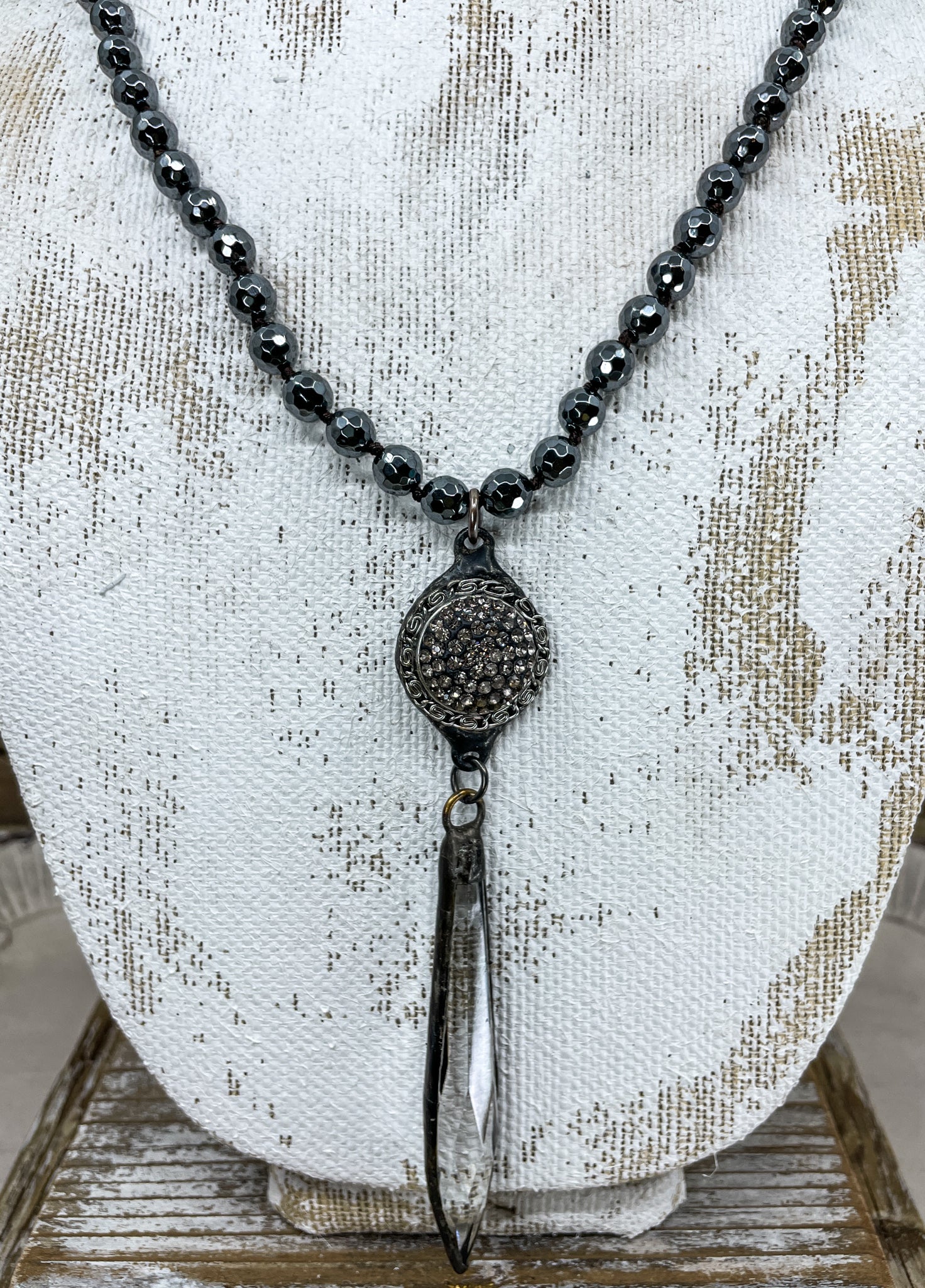 Vintage Spike Crystal Pendant & Hematite Necklace