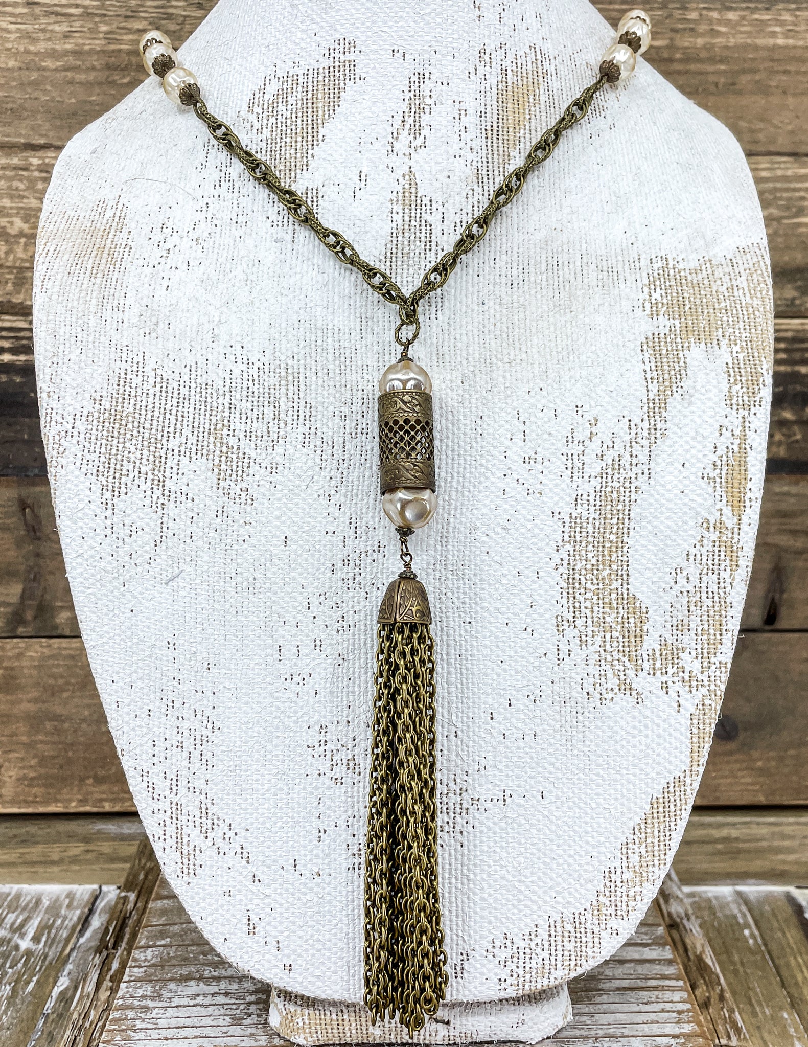 Vintage Brass Tassel & Pearls Necklace