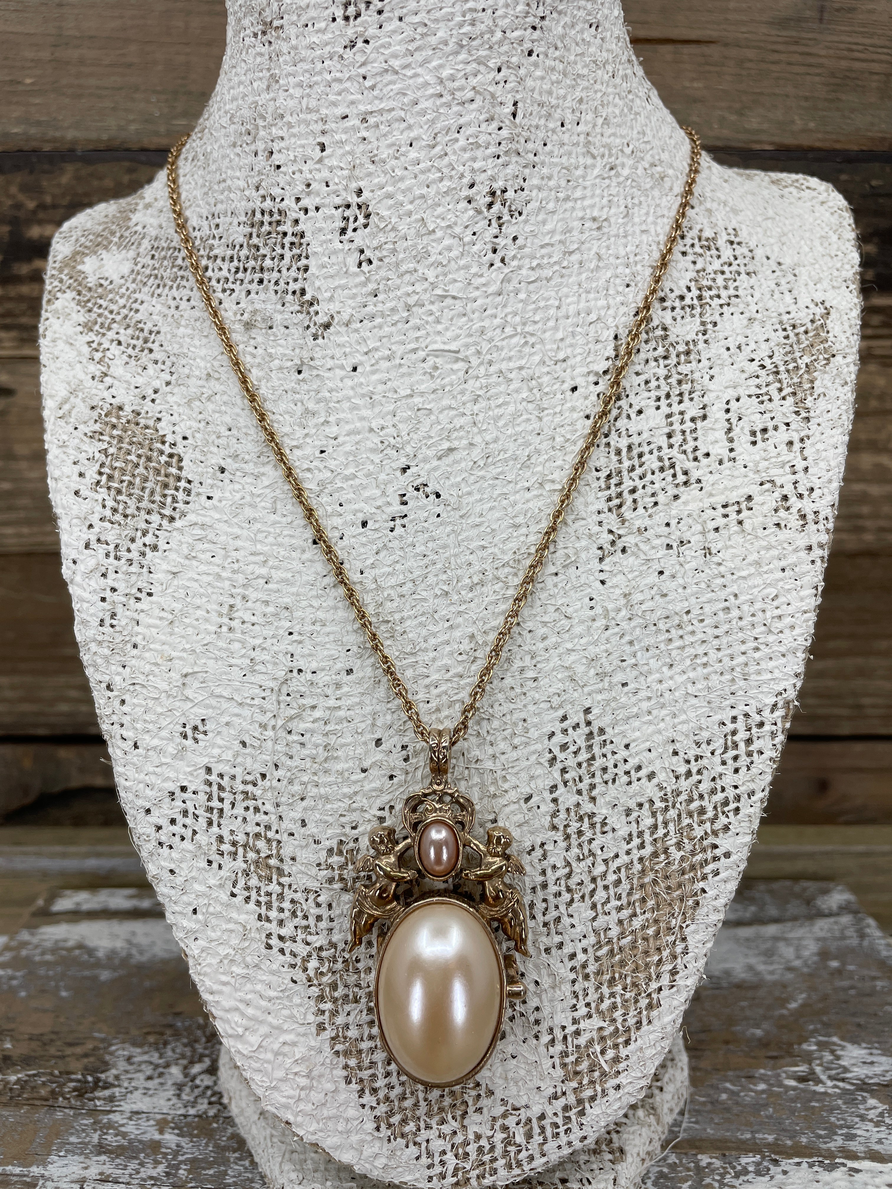 Large Pearl & Angel Pendant Necklace