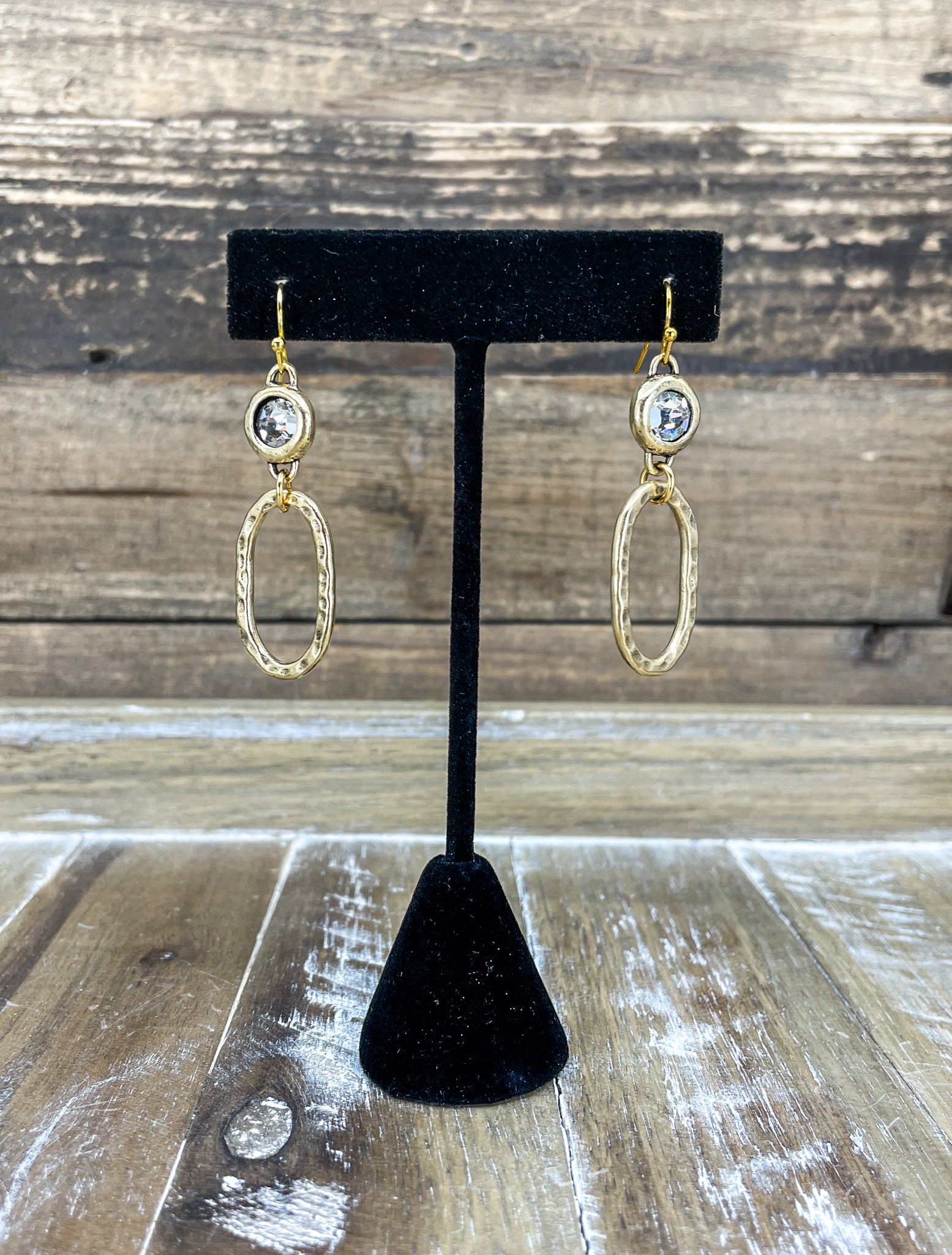 Hammered Gold Hoop & White Rhinestone Earrings